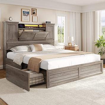 VIAGDO Full Bed Frame with Headboard and Storage Cabinets, Farmhouse Bed Frame Full Size with Charging Station and LED Lights, Wooden Platform Bed Frame with 4 Drawers, No Box Spring Needed, Grey
