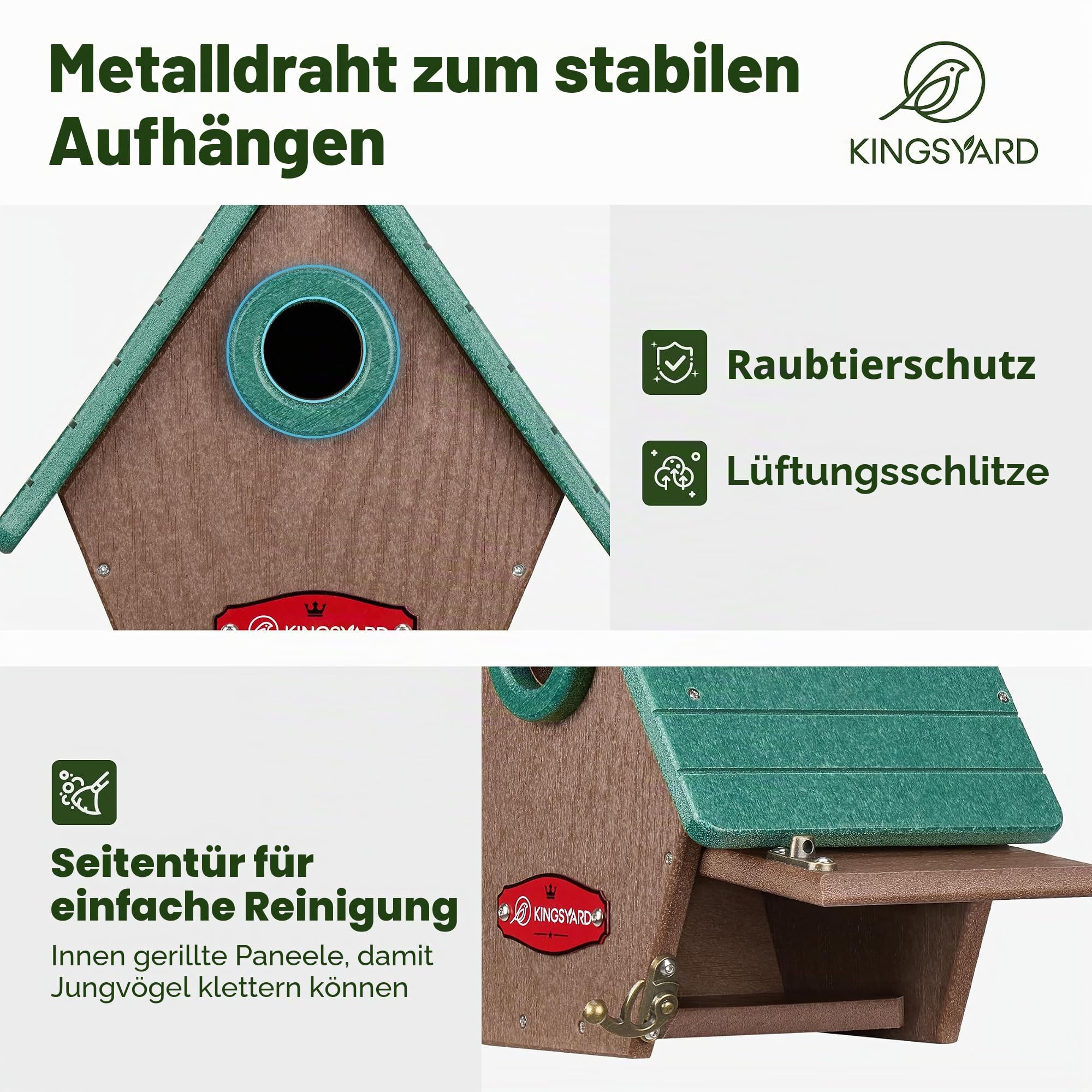 Kingsyard Nistkasten Vogelhaus aus recyceltem Kunststoff für den Außenbereich - Hängende Nisthöhle mit Räuberschutz & Belüftung für Zaunkönig, Finken, Meisen,Grün