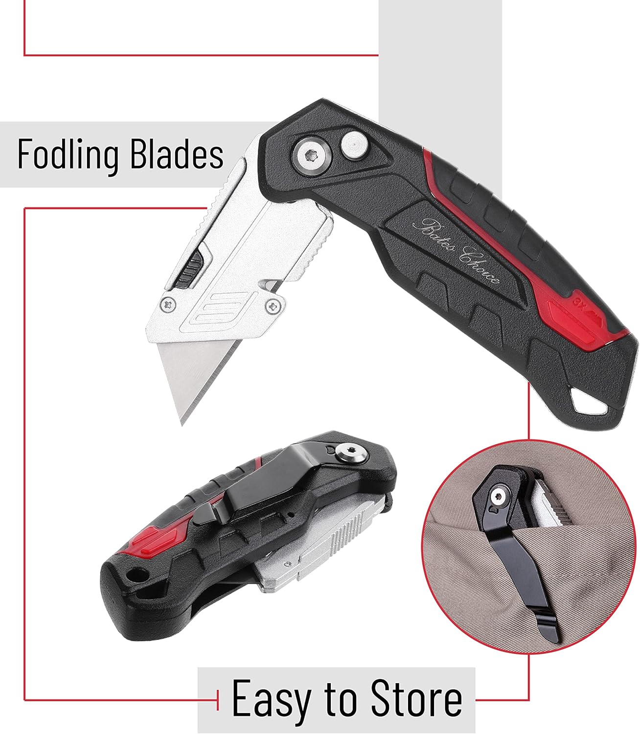 Bates Box Cutter - Folding Utility Knife With 3 Extra Blades, Retractable