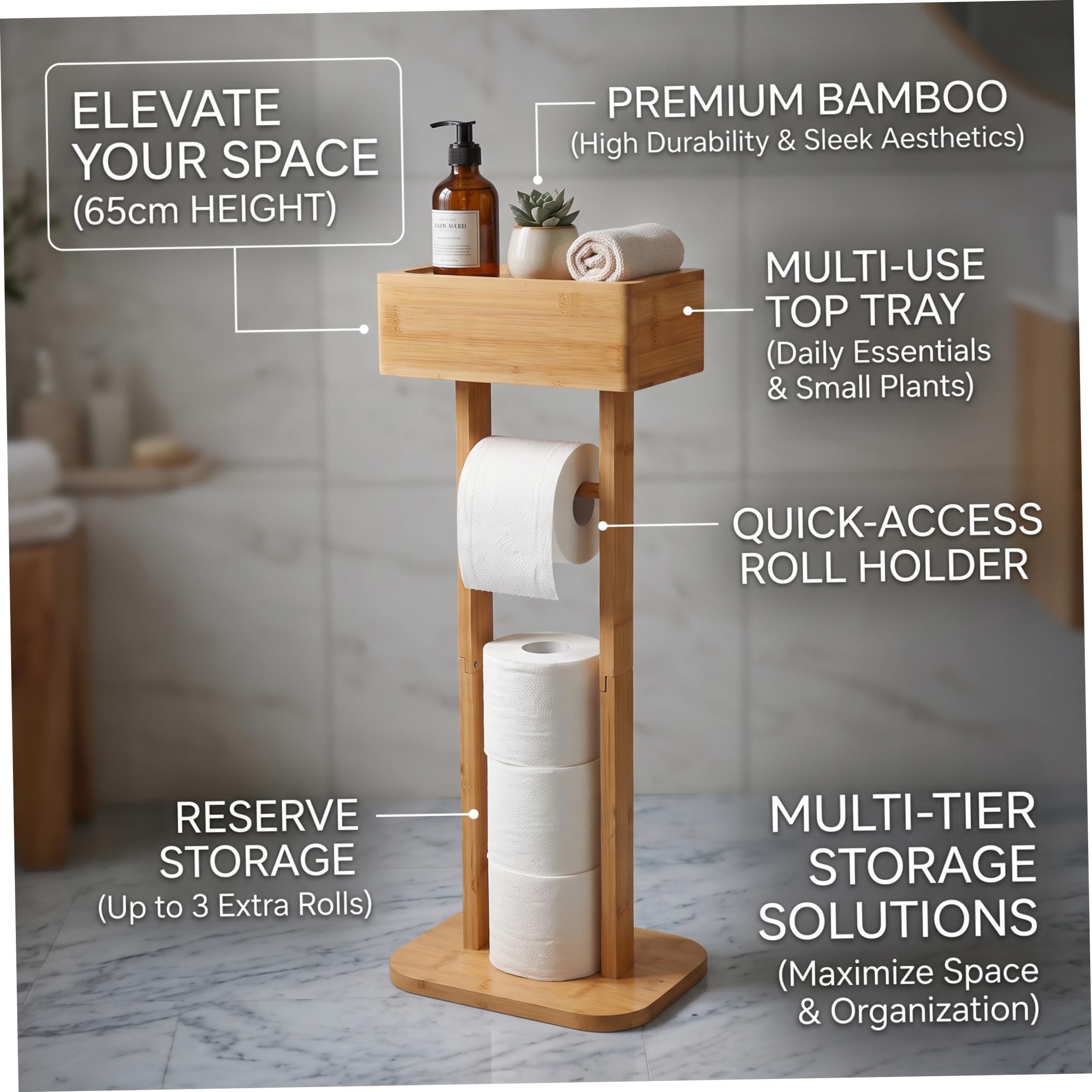 Porte-Papier hygiénique avec Rangement, Support de Papier Toilette sur Pied en Bambou, Organisateur de Salle Bain