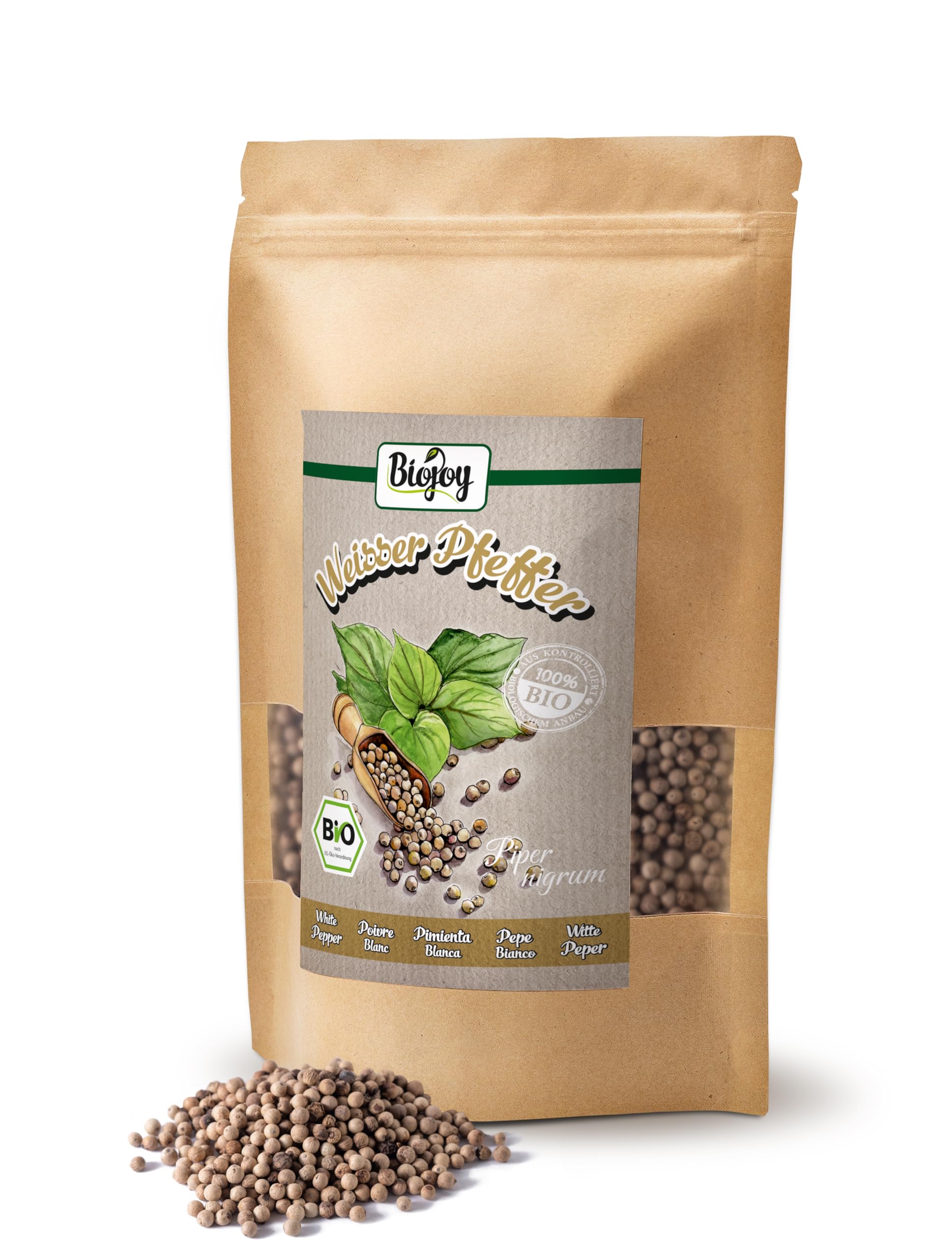 Biojoy Poivre blanc en grains BIO (500 g), Graines de Poivre blanc pour moulin, sans additifs (Piper nigrum L.)