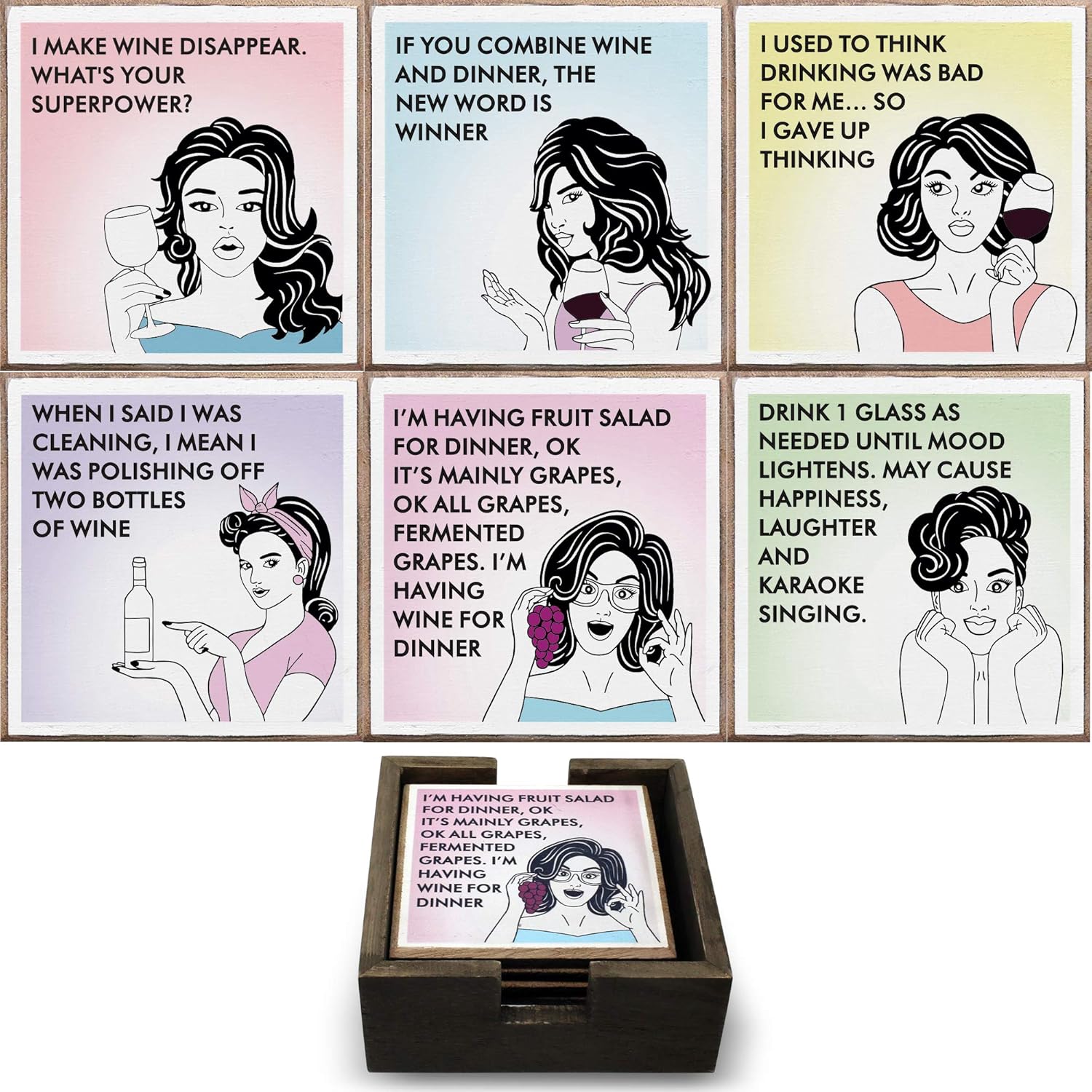 6 Funny Wine Coasters with Holder. Perfect Funny White Elephant Gift for Women or Wine Lovers