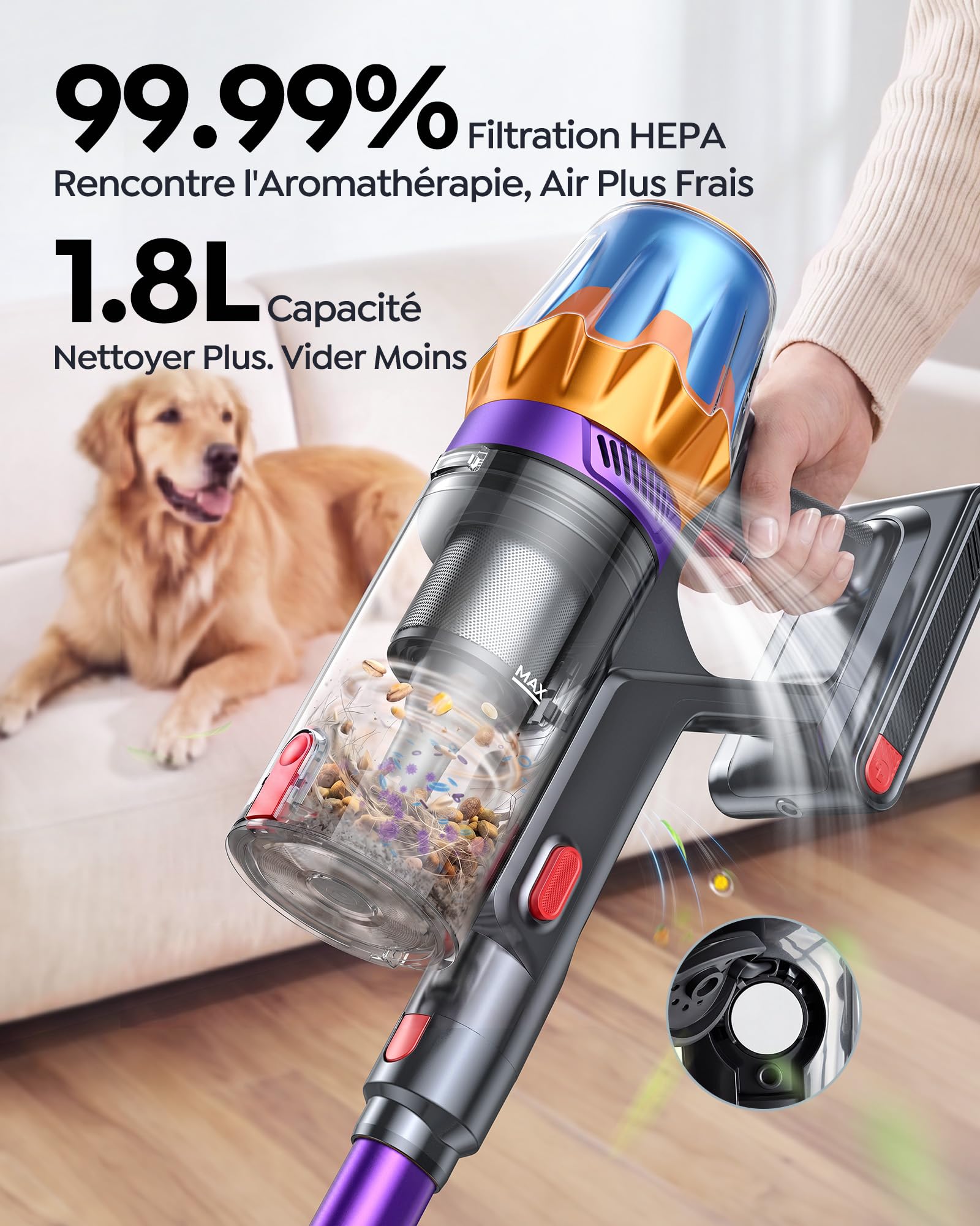 Fieety 80Min/650W/55KPa Aspirateur Balai sans Fil, 1.8L Aspirateur sans Fil Puissant, Batterie Optimisée, Brosse Anti-Enchevêtrement, Écran LED, Rechargeable Support Mural, Parfumé, Sols Durs (Violet)