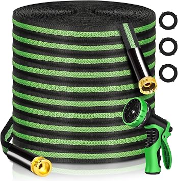 Garden Hose 100 ft Flexible Water Hoses Non-Expanding Lightweight Portable No Kink High Pressure Flat Fabric 3/4 fittings Leak-proof Durable Pipe for Outdoor Outside Yard Lawn Patio Watering Car Wash