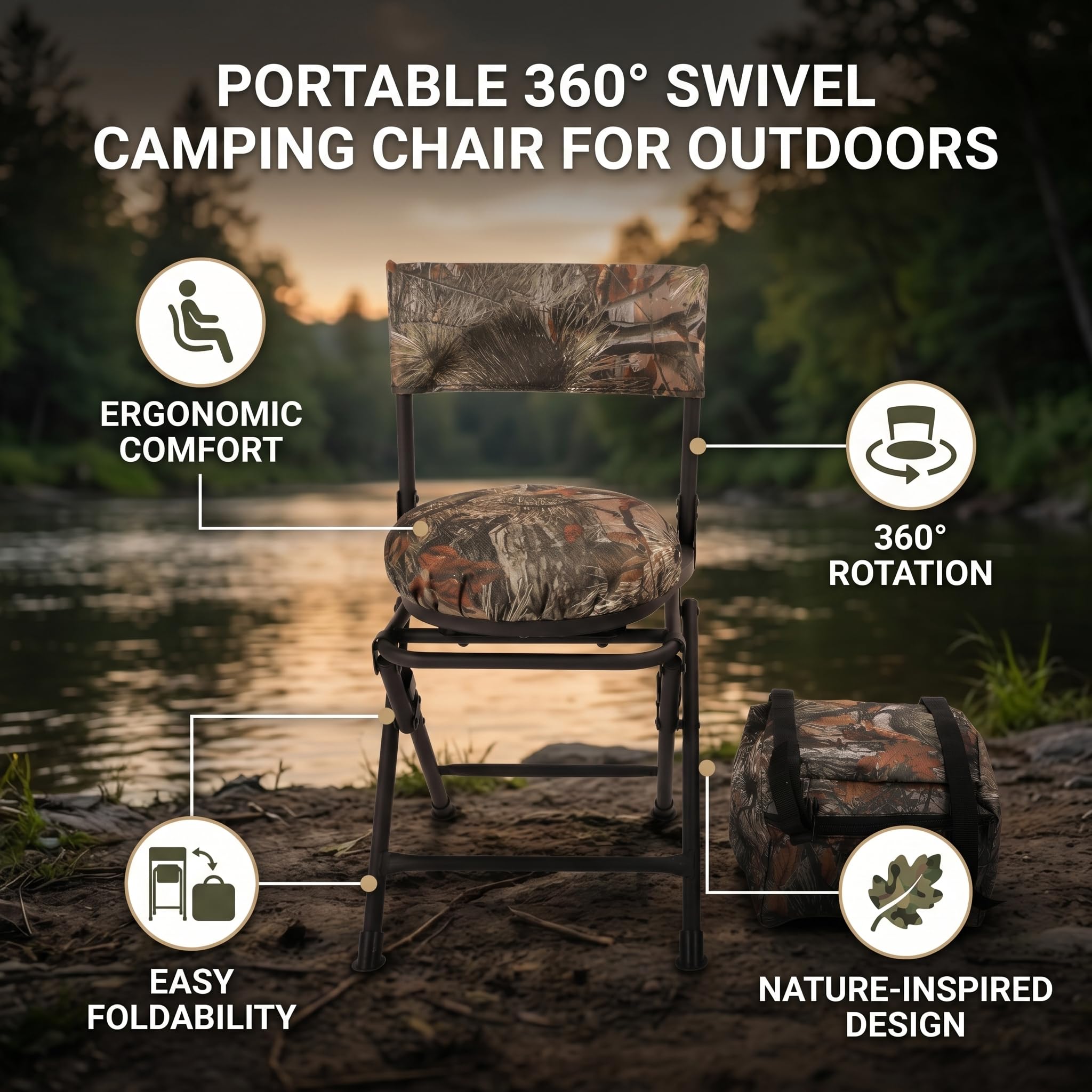 Tnfeeon Chaise pivotante 360° Pliante légère pour Chasse et pêche, Coussin rembourré Portable, idéale Camouflage extérieur