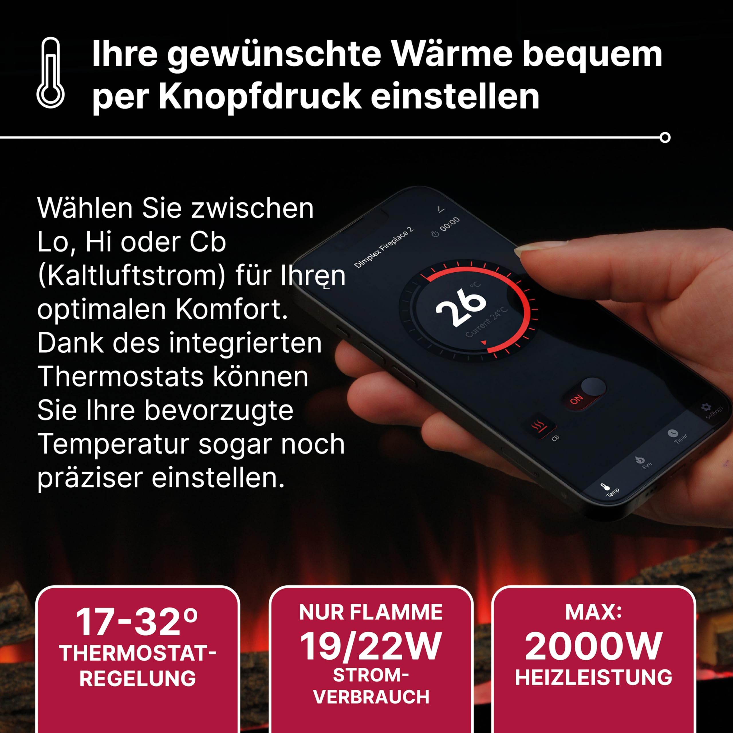 Dimplex Sense 60" Elektrokamin - Wandkamin - Elektrokamin mit Heizung - Kamineinsatz Elektrisch mit LED Optiflame Flameneffekt - Zuschaltbarer 2kW Heizlüfter - Inkl. Fernbedienung und App