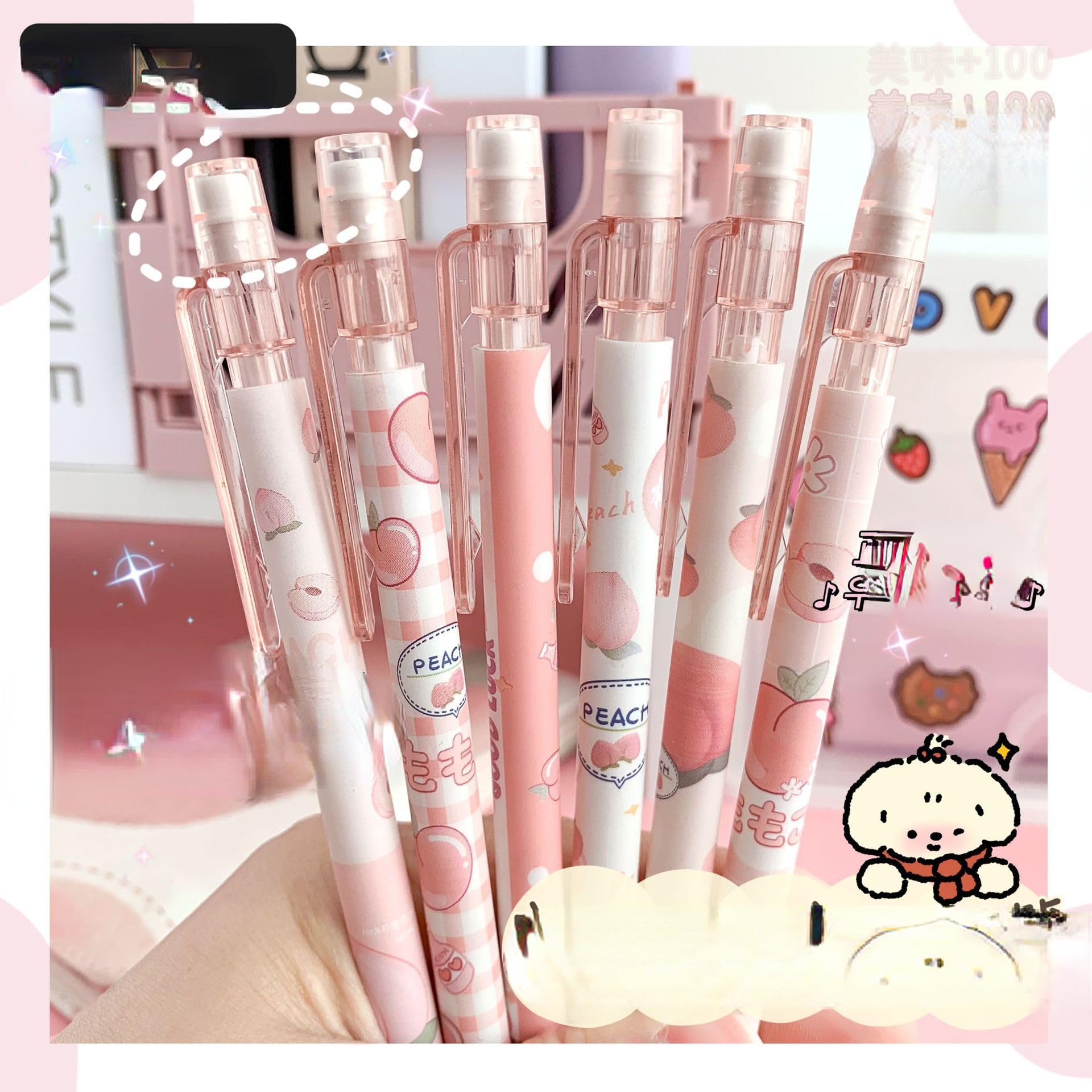 Uoeo Simpatico set di 6 matite meccaniche Kawaii Juice Peach con gomme e tubi da 0,5 mm, ricariche per studenti, scrittura, disegno, schizzi, architettura, rosa