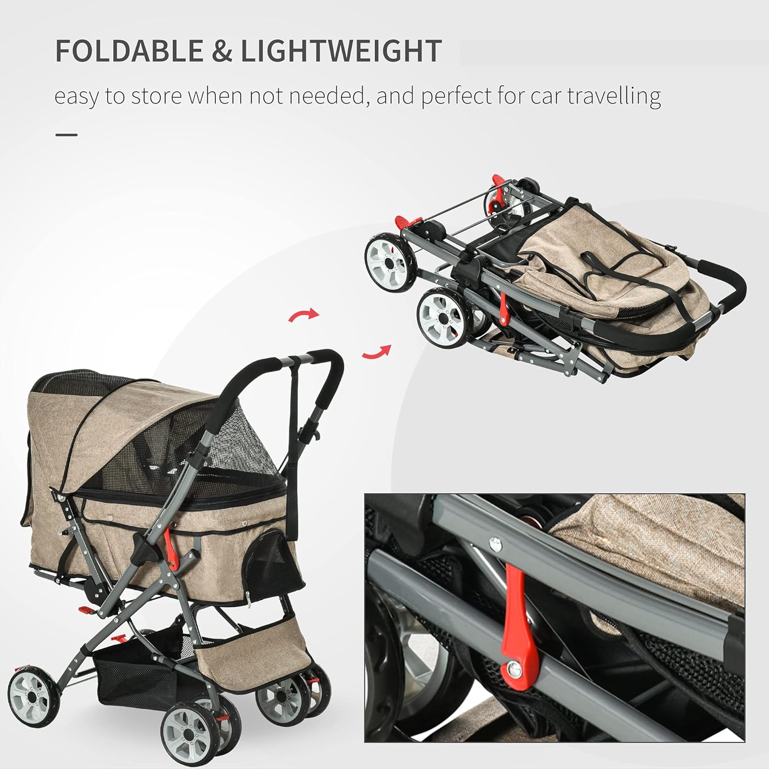 PawHut Pet Stroller Foldable Dog/Cat Travel Carriage with Reversible Handle EVA Wheels Brakes Basket Storage Bag 3-Stage Canopy Zippered Mesh Window Door Brown 27.5" L x 20" W x 37" H : Pet Supplies