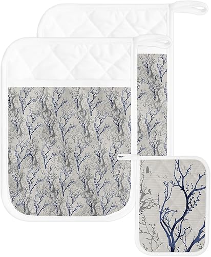 Branches Birds - Juego de 2 soportes para ollas para cocina, antideslizante y aislante de calor, juego de agarraderas de tela de toalla con