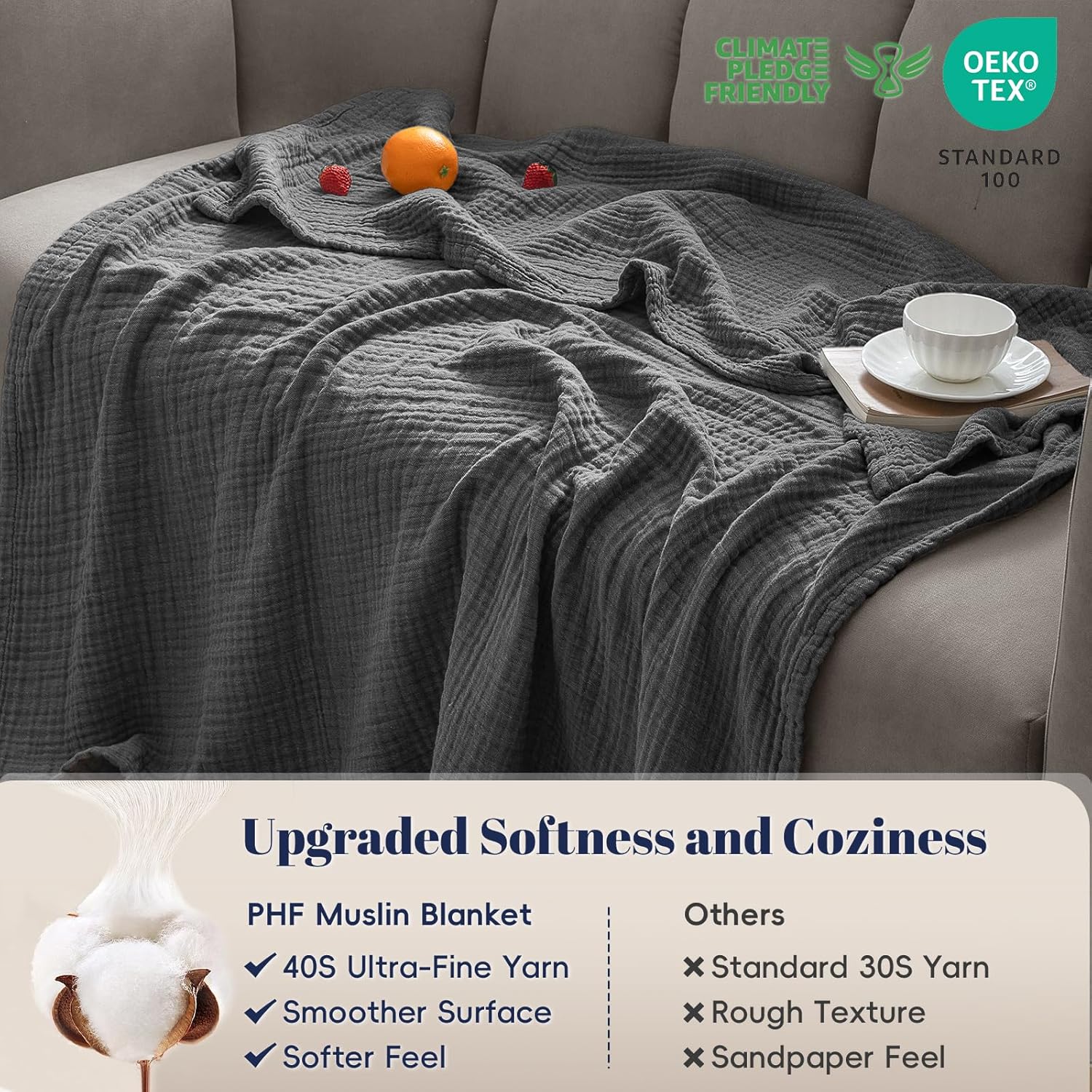 PHF 100% Cotton Muslin Throw Blanket 50" x 60", 4-Layer Lightweight Gauze Throw, Breathable Cloud-Soft Minimalist Blanket for Bed, Couch, Camping & Baby, Greyish Black, Ideal Gift - Image 4