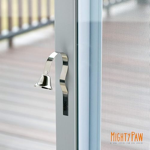 Miniatura 6 de Mighty Paw Timbre de metal para perro, campana duradera, sonido optimizado, incluye consejos de entrenamiento para timbre de perro, campana plateada