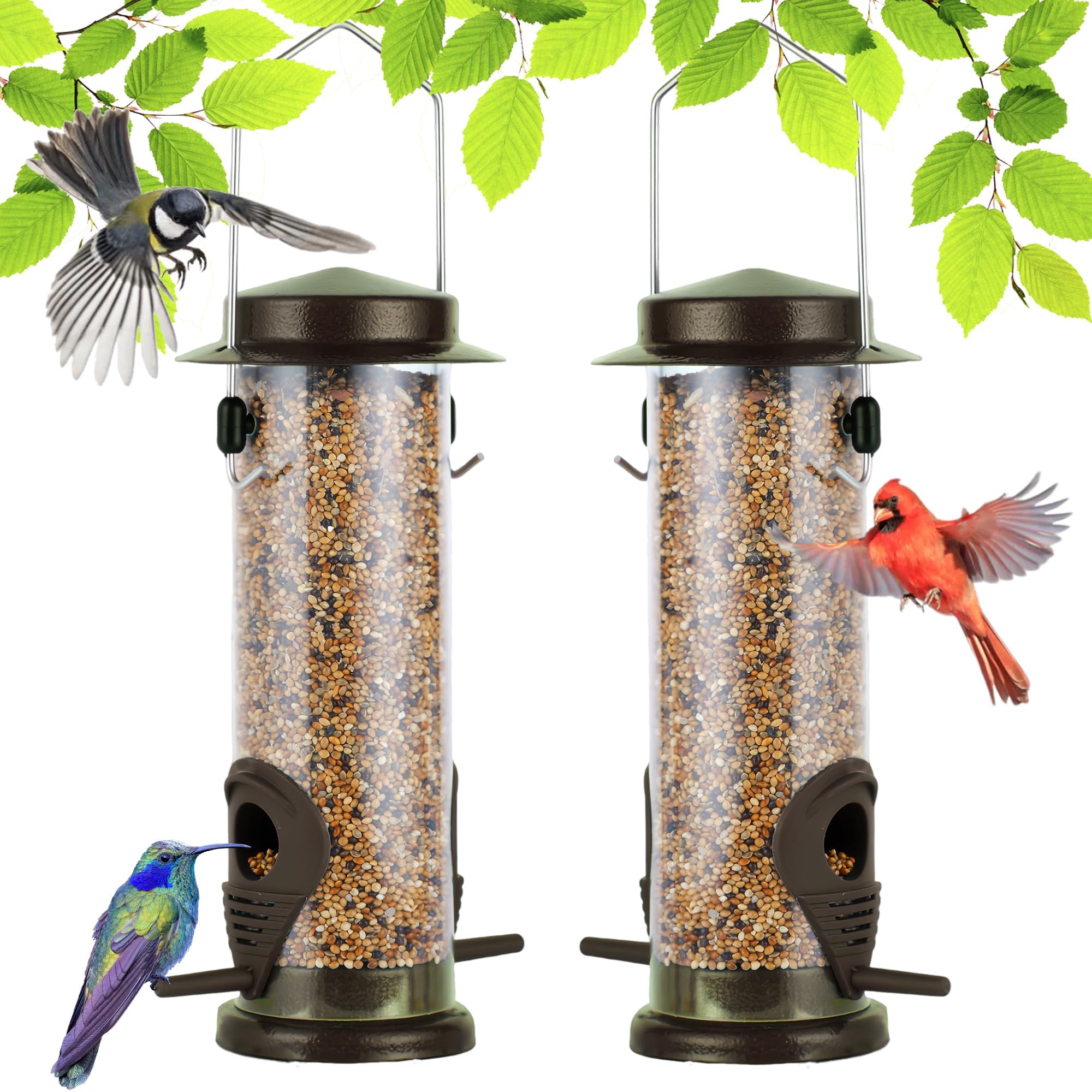 Lot de 2 mangeoires à oiseaux suspendre métal jardin - 2 ports - Résistantes intempéries - Café