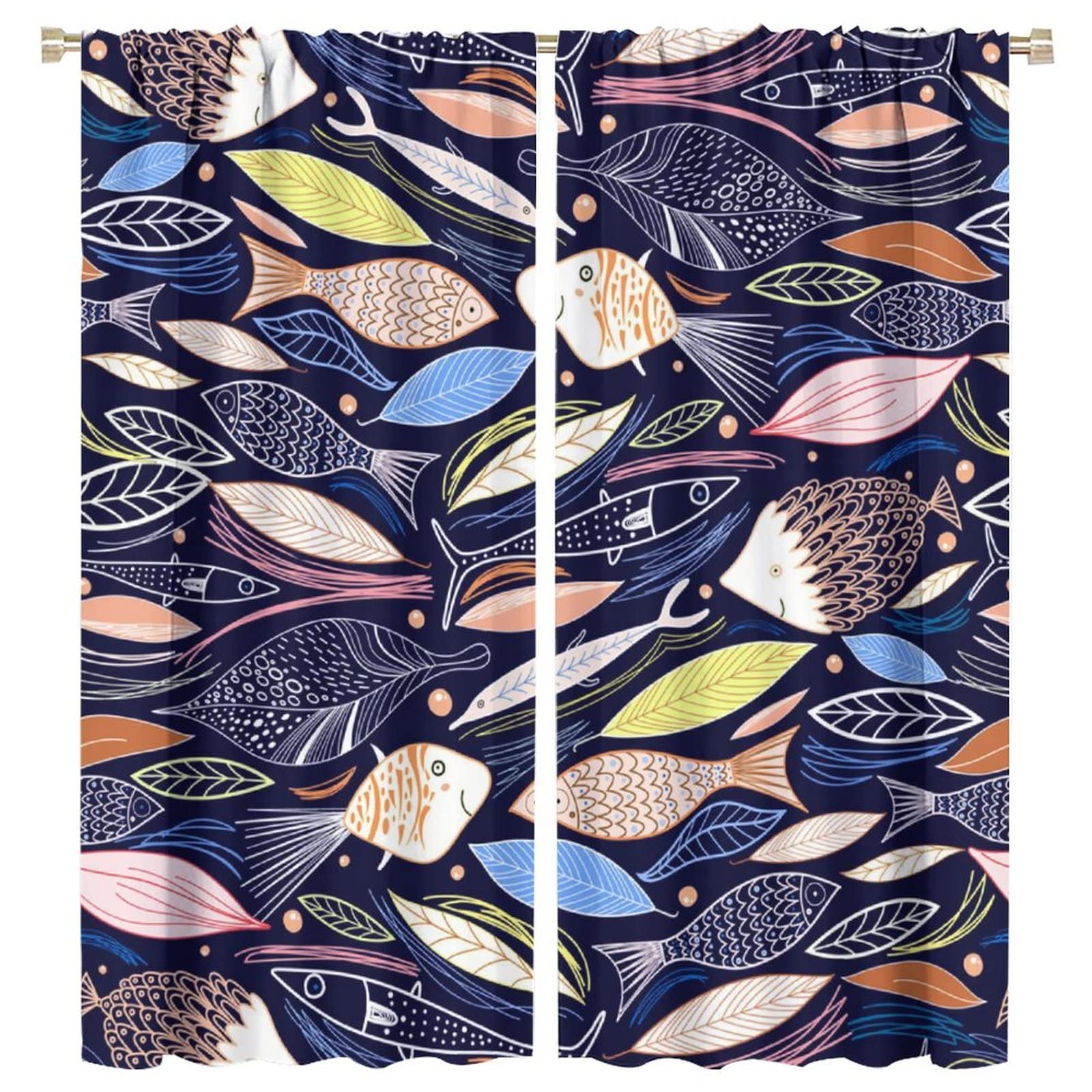 INSFBRB Colorful Abstract Fish Theme Blackout Curtains,Funny Modern Nautical Ocean Animals Fish Window Treatments Rod Pocket Thermal Insulated Room