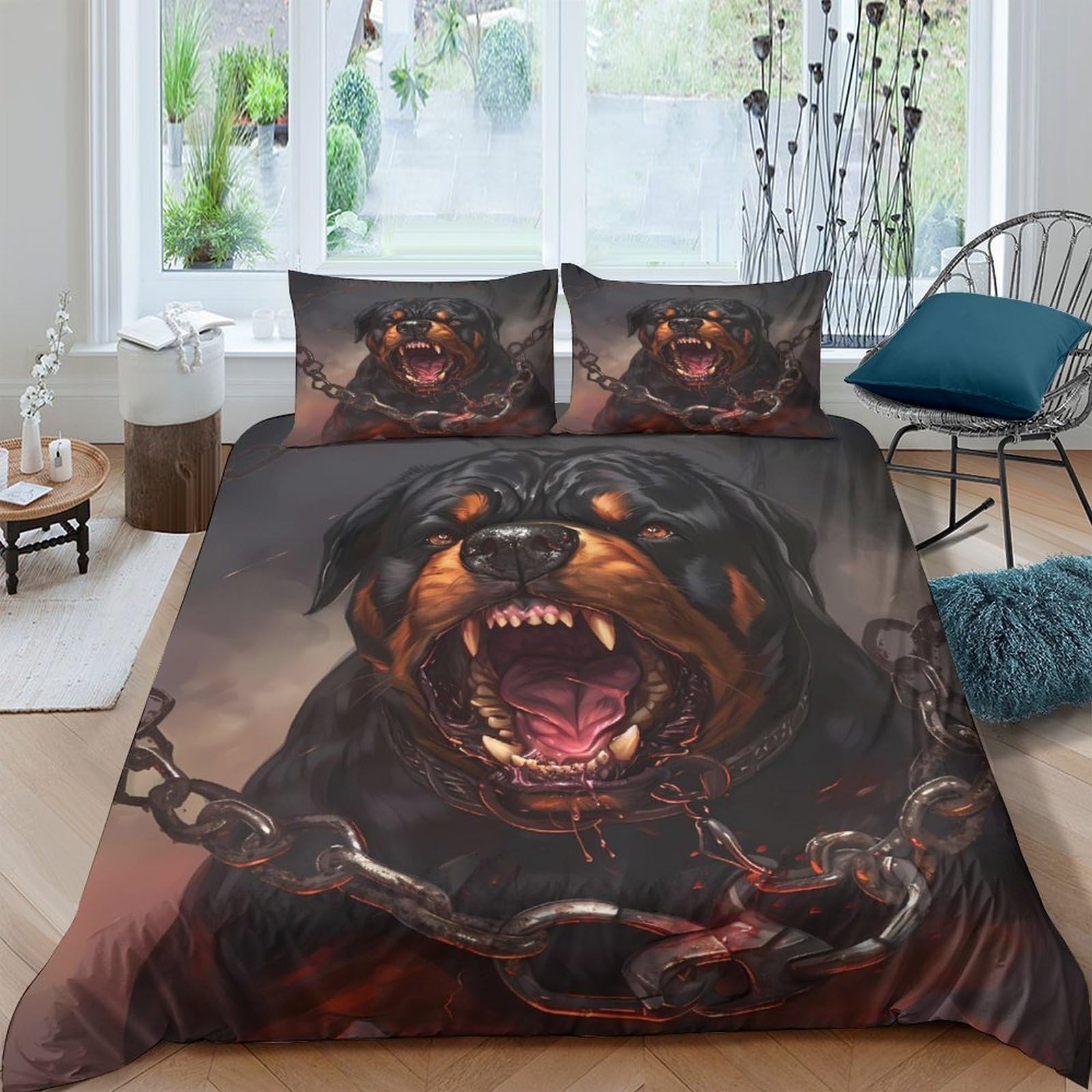 Ctjqhvkz Style-2 3D Printed Fierce Rottweiler Fitted Sheet Microfiber Soft Anti-Slip Dog Chain Mattress Cover Bedroom Decor Machine Washable Single（135X200cm）