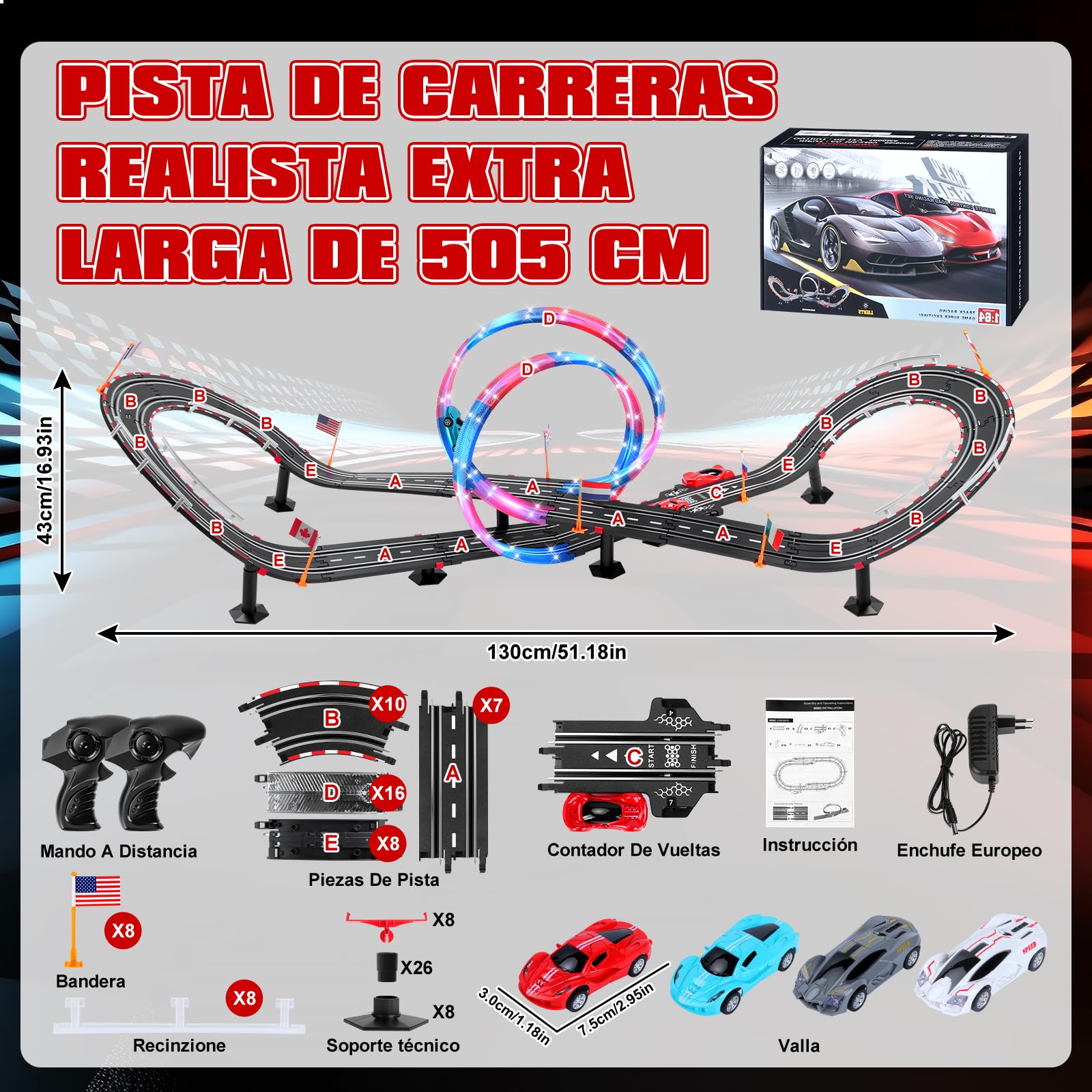Pista Carreras Electrica, Iluminado Pista de Coches para Niños 1:64 Pista Autos -4 LED Coches, Bucle 360°, Euroconector, Contador Vueltas, Circuito Coche Niños 3+ Años Juguete Regalos (L)