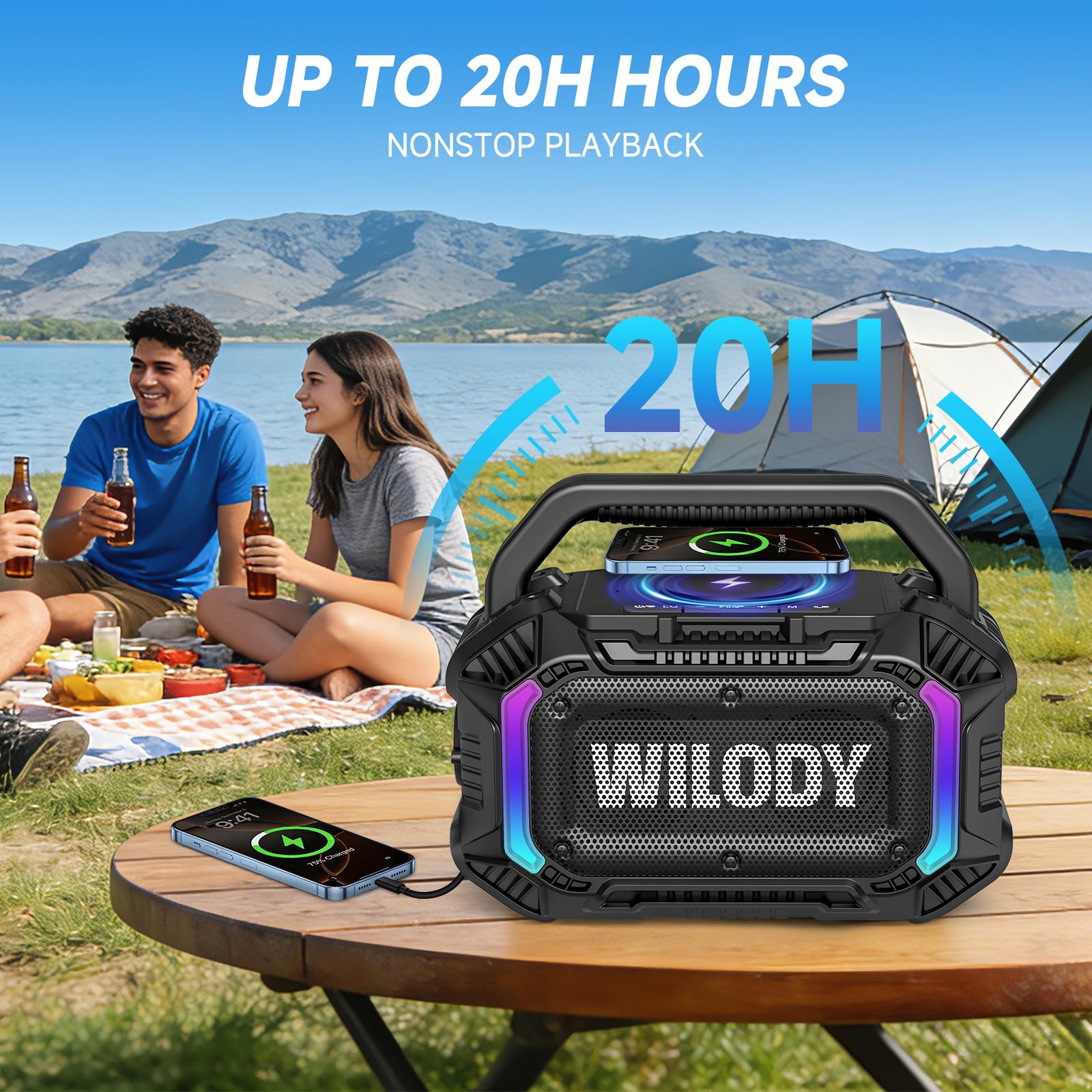 Wilody Bluetooth Lautsprecher Groß,100W Outdoor Tragbarer Lautsprecher with Bass,Musikbox Soundbox Bluetooth IPX7 Wasserdicht & Schwimmt,Drahtloses Laden,20h Akku,LED-Licht,Type-C,BT,Schwarz