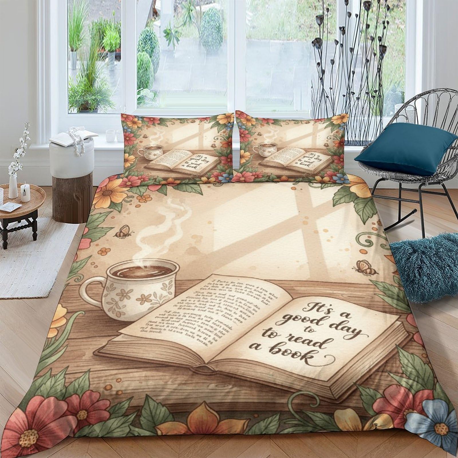 GPLZQXKJNH 3D Printed Cozy Reading Book Duvet Cover Microfiber Soft Breathable Coffee Mug Quilt Cover Set with 2 Pillowcases Bedroom Decor Single（135x200cm）