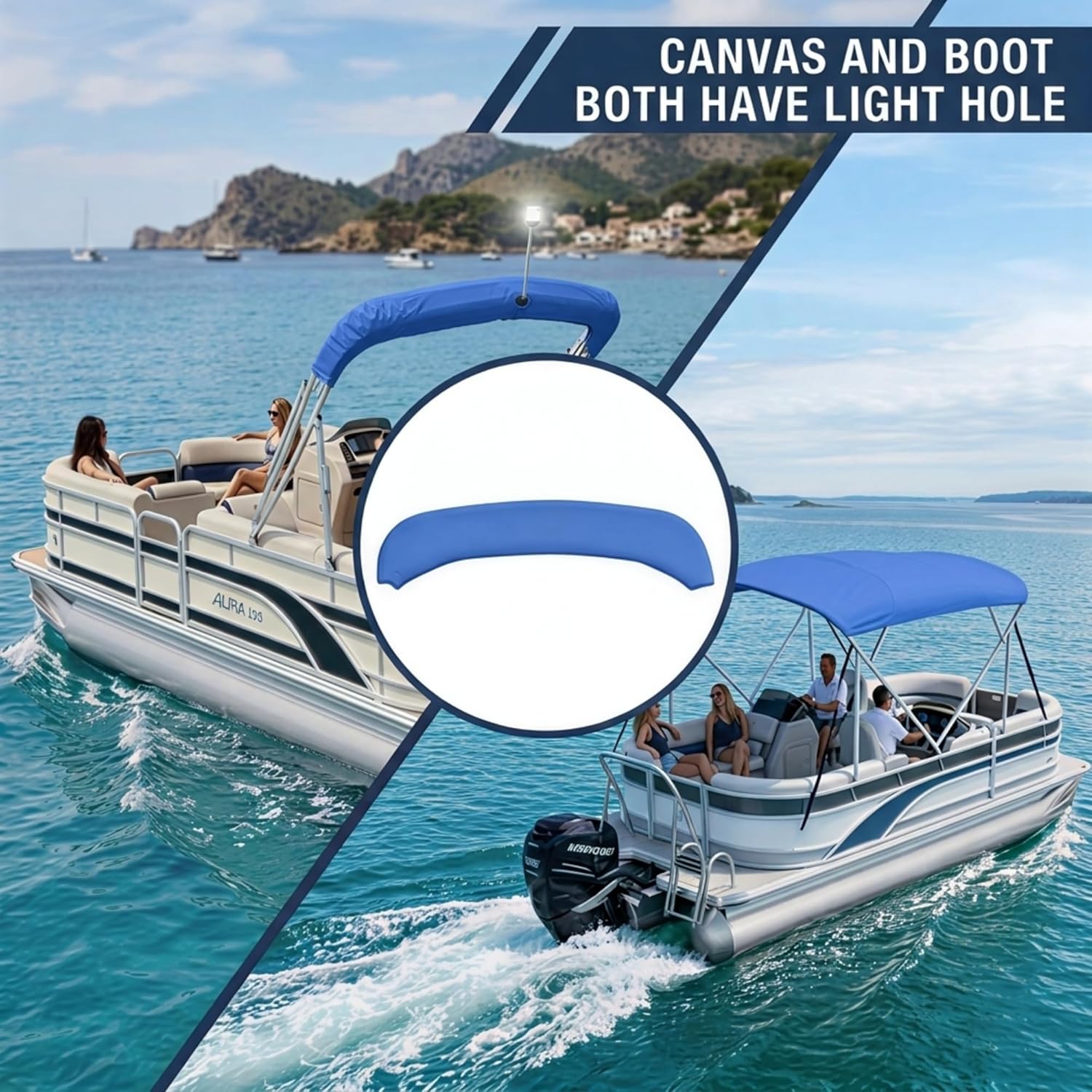 4 Bow Bimini Top Replacement Canvas Only, 1200D Bimini Top Cover with Light Hole, Storage Boot & Easy-Install Zipper Sleeves, Fits 8L 97"–103" W, Sun Shade Boat Canopy, No Frame, Blue