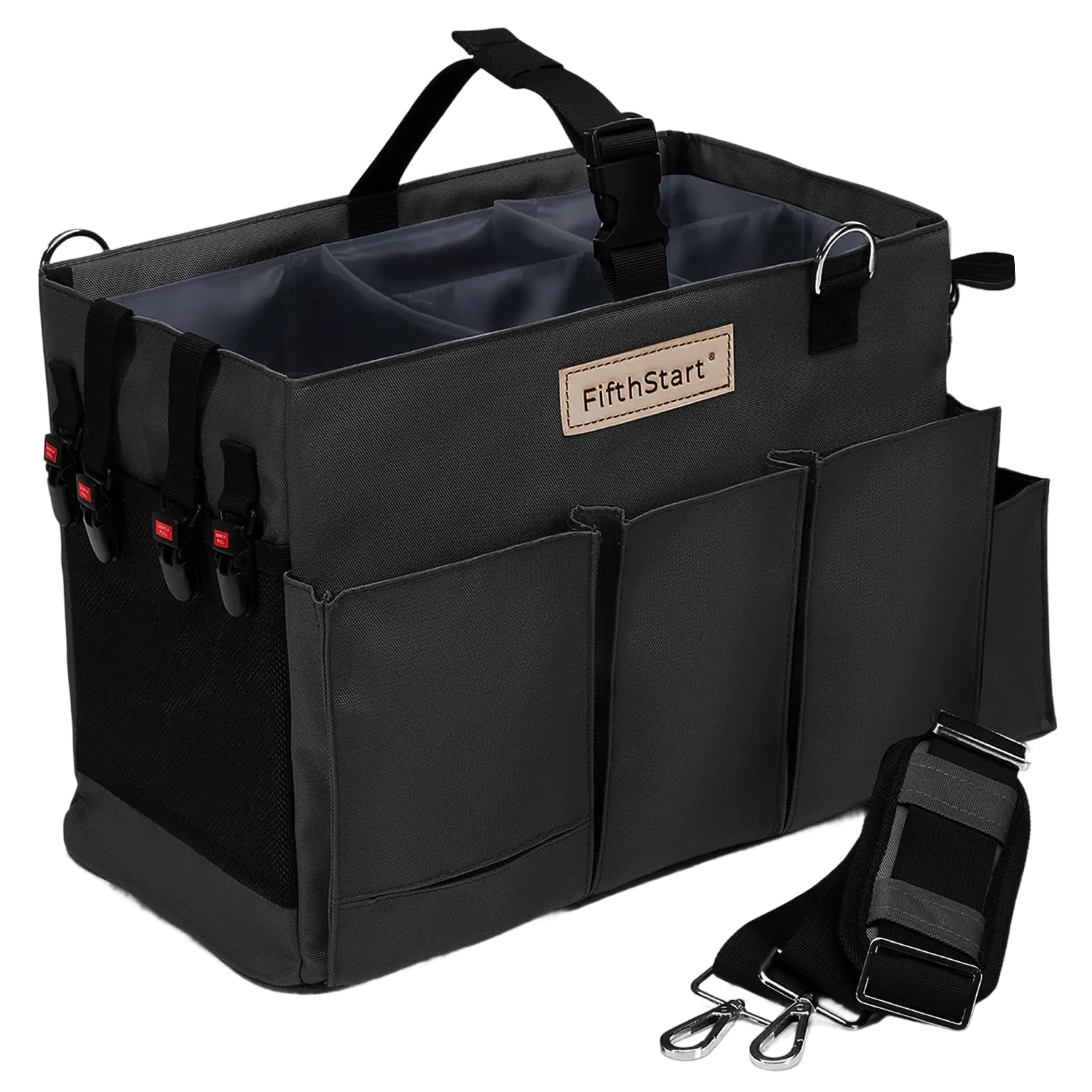 FifthStart Multiuse Cleaning Caddy with Waist & Shoulder Strap - Diaper Caddy & Beach Bag - 9 Pockets & Mesh Base - Adjustable Compartments (Black, Small) - Cleaning Supplies Organizer Bag