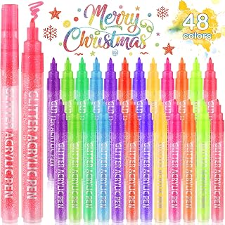 Geyoga 48 Pcs Glitter Marker Pens Bulk 12 Colors Glitter Paint Pens Set Acrylic Markers Quick-Drying Water-based Ink for Adults Art Supplies Christmas Greeting Cards Crafts, 0.7mm