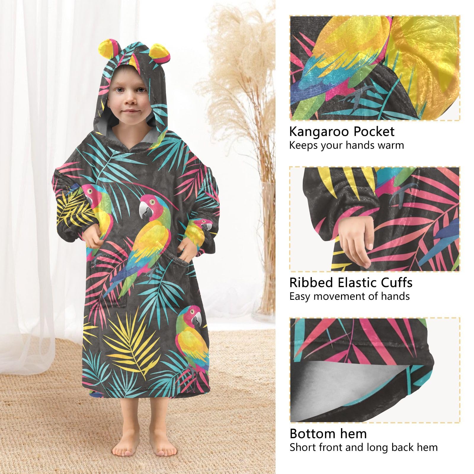 Kinder-Bademantel mit Kapuze und Papageienvögeln, weicher Flanell-Bademantel mit Ohren und Taschen, warme Nachtwäsche für Kleinkinder, Jungen, Mädchen