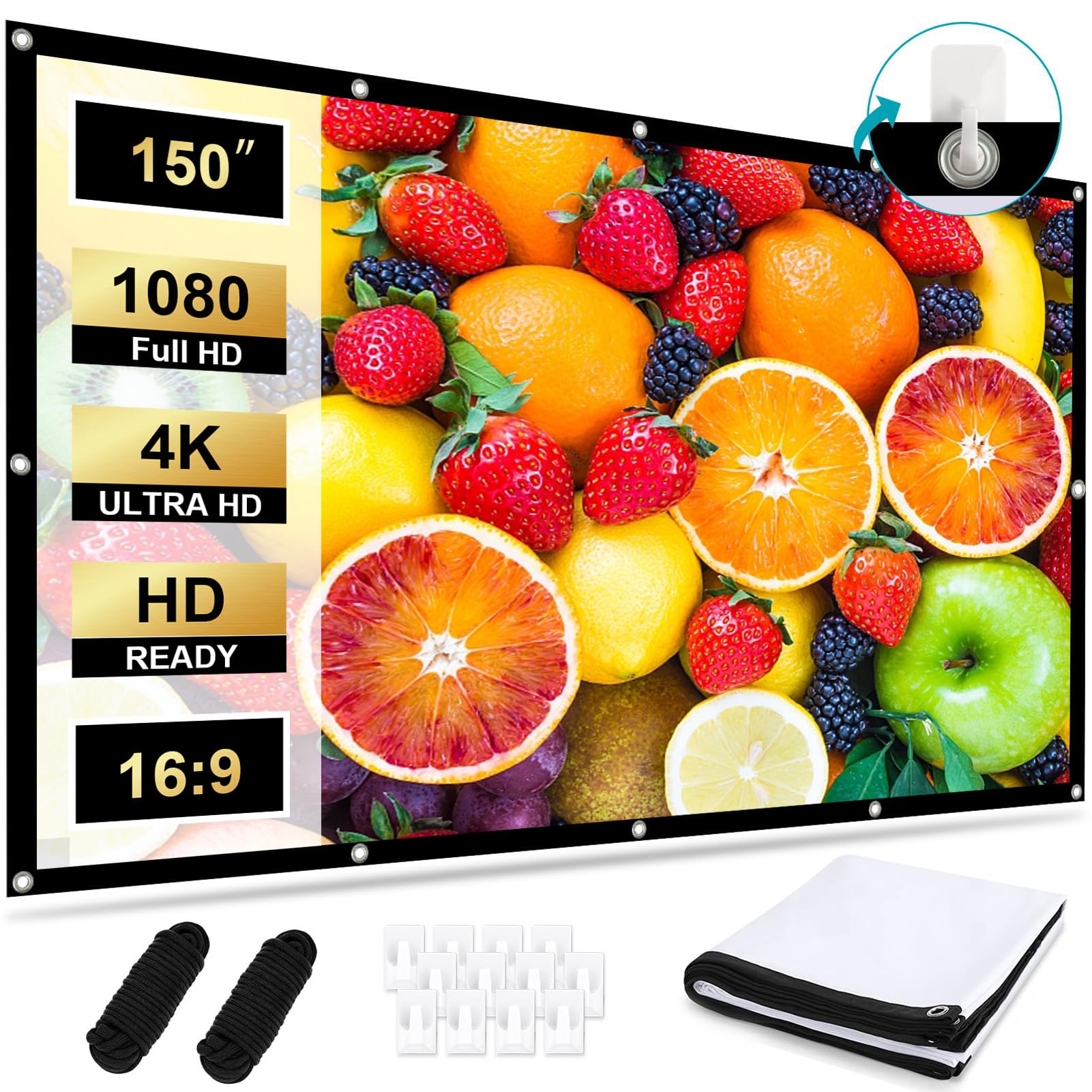 Pantalla Proyector 150 Pulgadas 16:9 4K HD, Pantalla de Proyección Portátil Plegable Antiarrugas Doble Cara 336 x 190 cm, Lona Proyector Fácil de Colgar, para Cine en Casa y Exterior