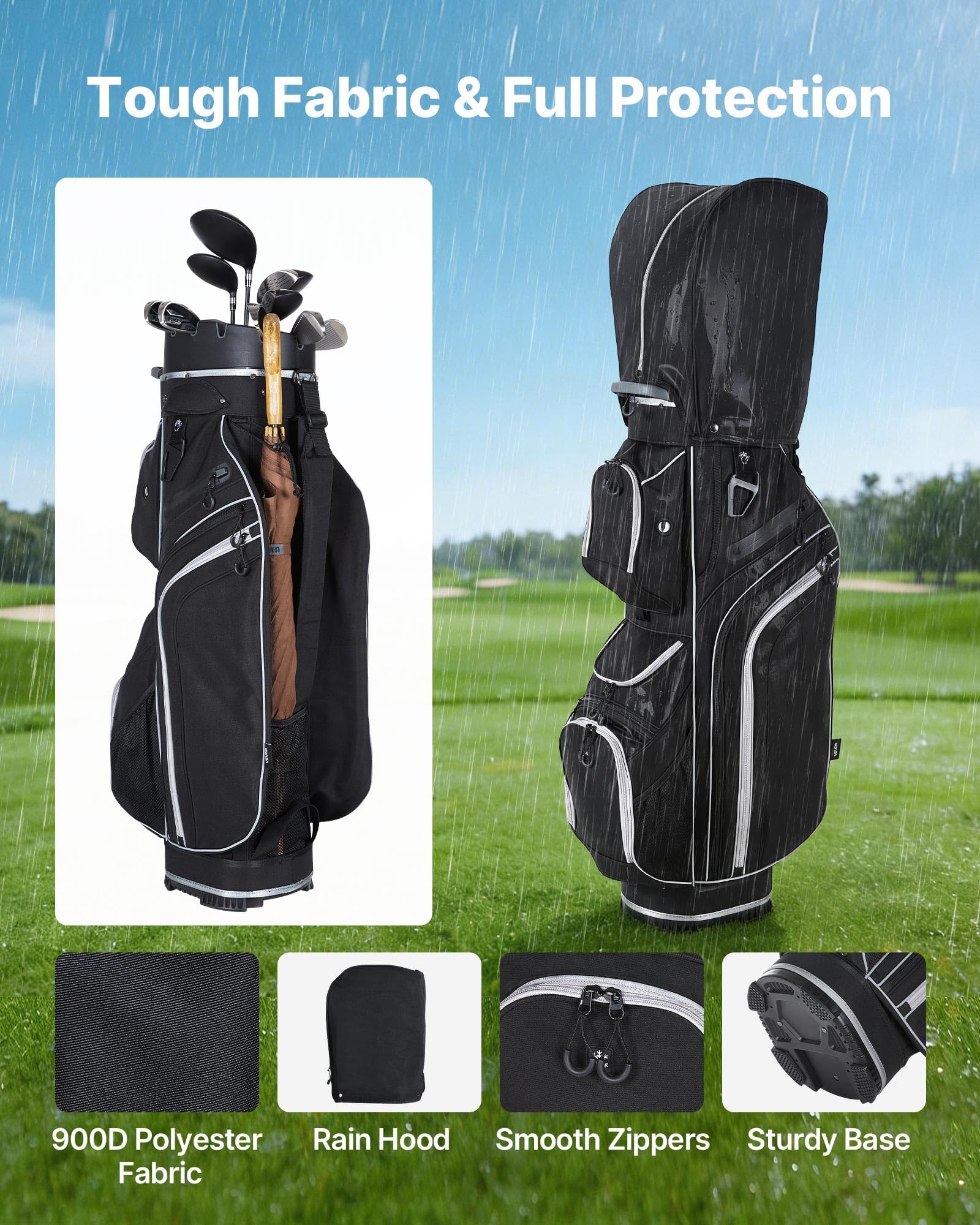 VEVOR Golftasche mit 14-fache Durchgehenden Schlägerfächern Tragegriffen Stautaschen Schultergurt Regenschutzhaube Leichtgängigen Reißverschlüssen Golfbag aus 900D Polyester Schwarz