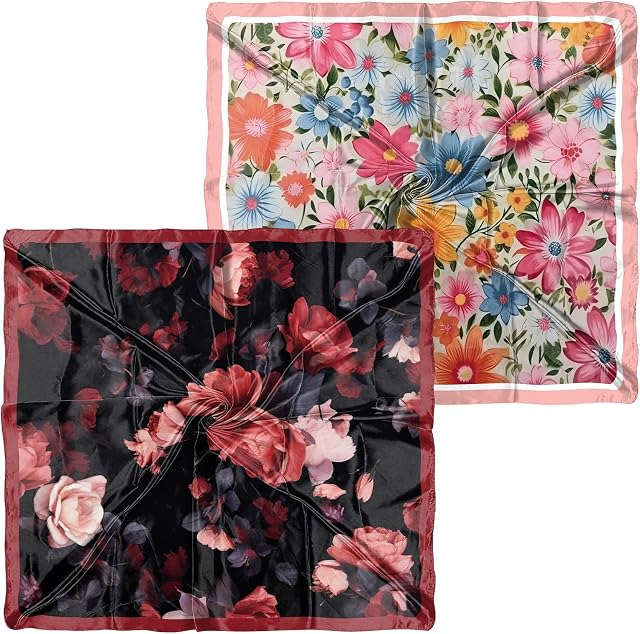 2PCS Silk Feeling Scarf Bandanas 27.5 Inches Large Square Satin Head Hair Wrap Scarves Cute Aesthetic for Women Girls