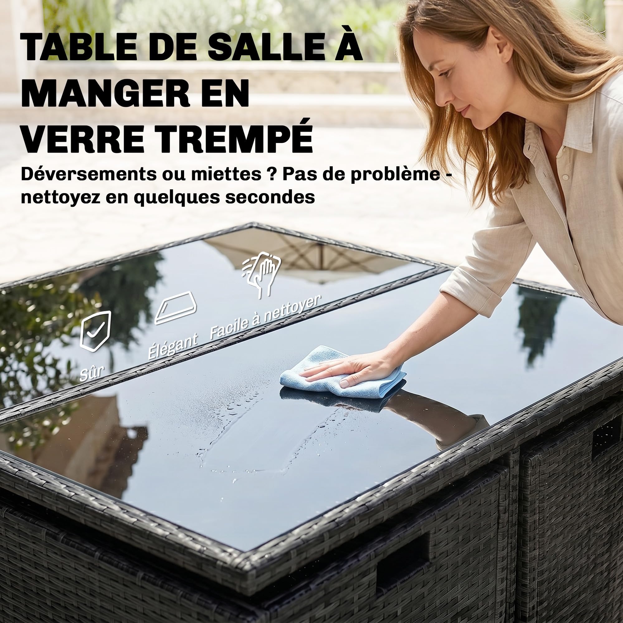 Outsunny Ensemble Salon de Jardin encastrable 8 Personnes 9 pièces résine tressée 4 Fils Imitation rotin Noir Coussins déhoussables crème