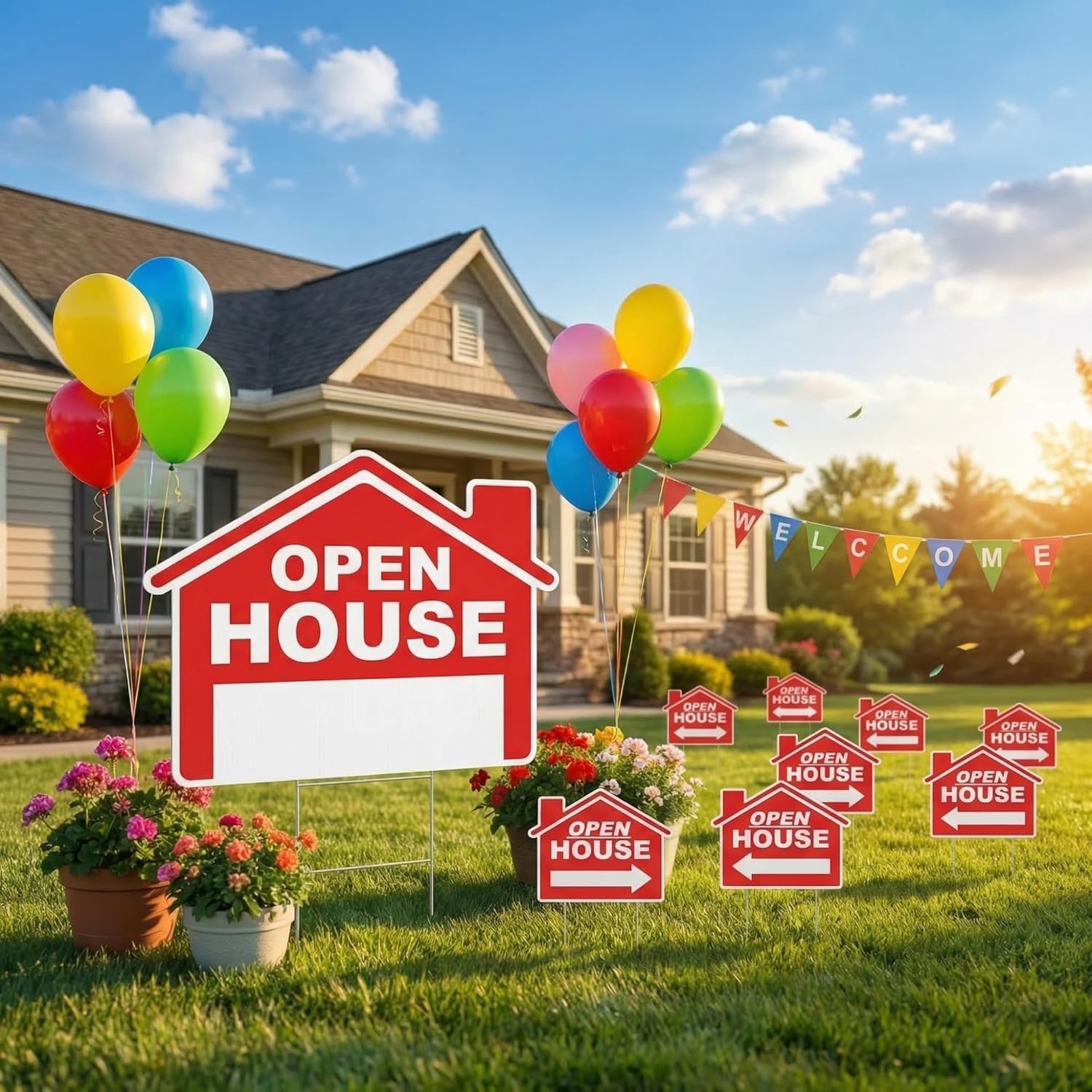 Pinkunn 14 Pcs 18" x 14" Large Open House Signs for Real Estate Double Sided Yard Signs with Metal Stakes Heavy Duty Yard Sale Supplies Garden Property Sign Real Estate Agent(Red)