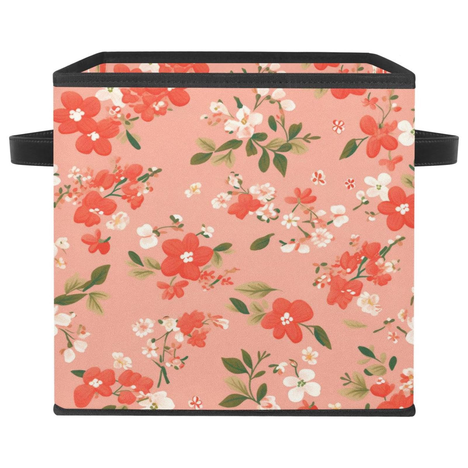 Grand bac de rangement cubique en tissu imprimé floral rouge