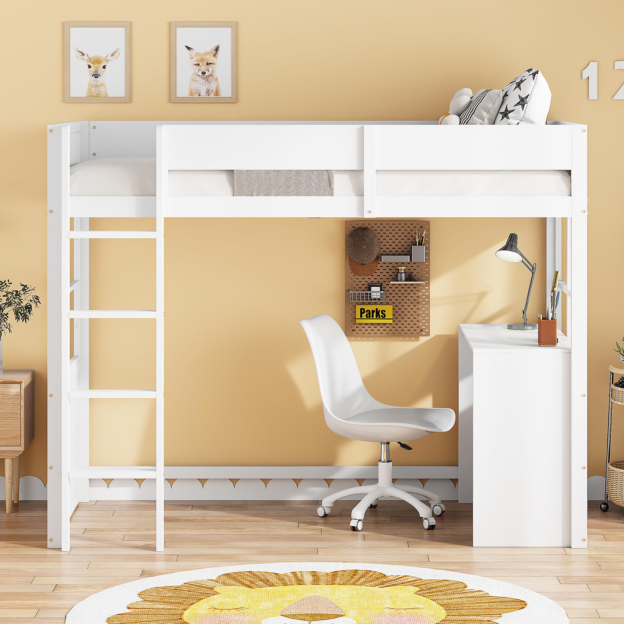 Sapgaks - Cama altillo de 90 x 200 cm, cama infantil con escalera de seguridad y mesa, diseño de alta valla, cama individual de madera, color blanco
