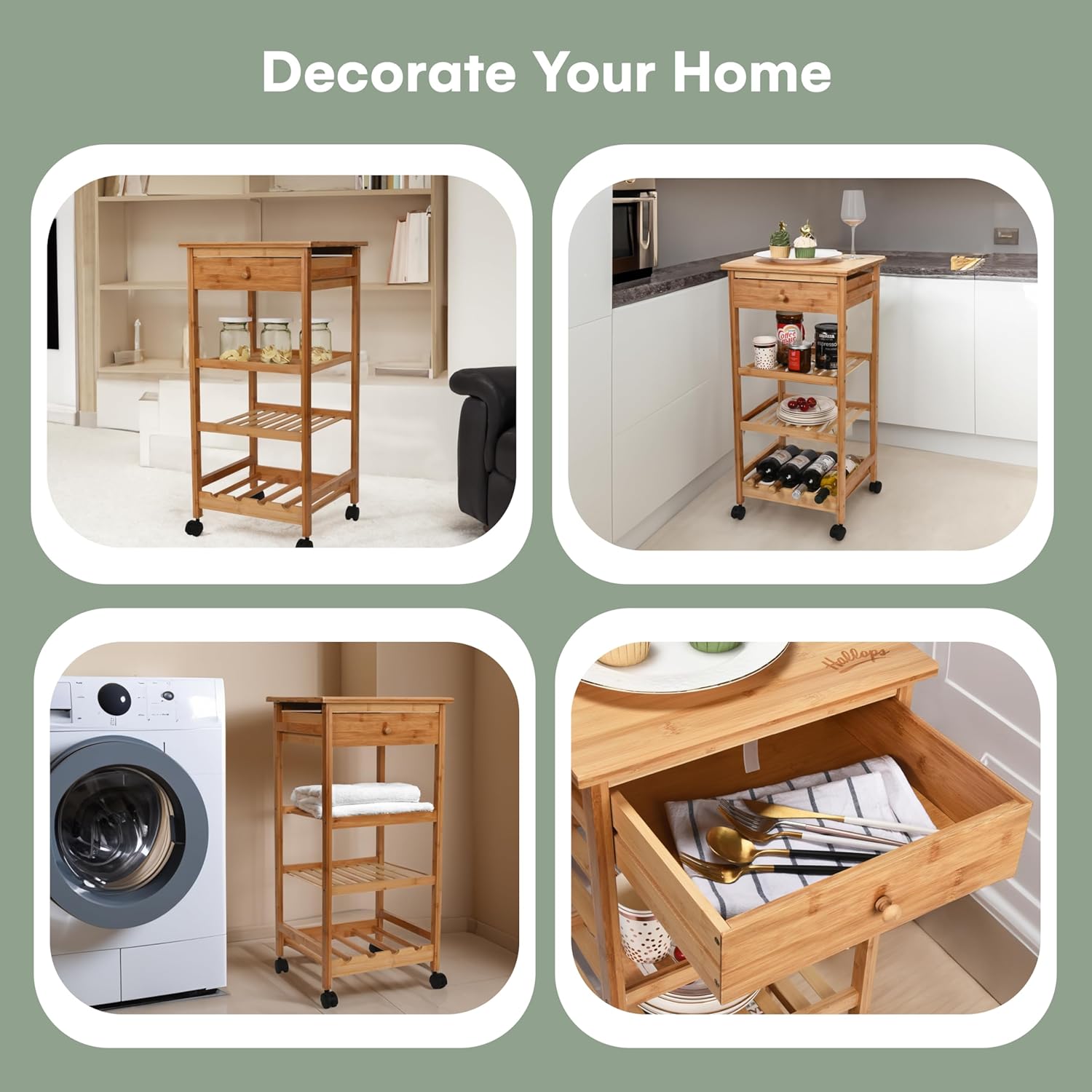 Hallops Kitchen Cart with Drawer and Basket - Brown Kitchen Cart Island for Small Spaces - Extra Counter Space or Spice Rack - Portable Dining Table with Wheels - Elegant Solid Wood Top, Spice Drawer