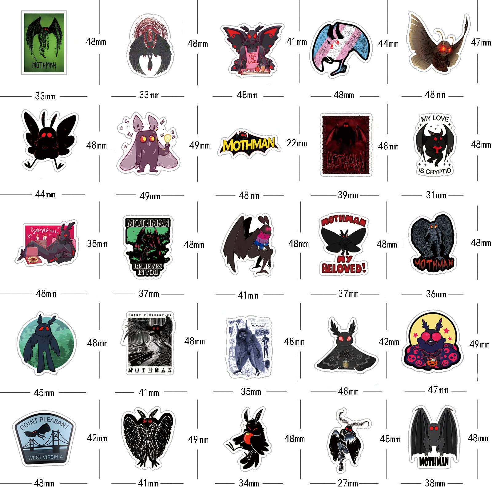 63 adesivi Mothman Cryptid, adesivi impermeabili per casco e telefono portatile, per bambini, adolescenti, adulti, per compleanni, feste di Halloween, decorazioni, bomboniere
