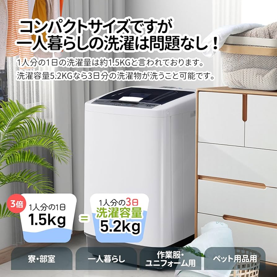 Amazon.co.jp: 全自動洗濯機 タテ型 5.2kg 予約機能 部屋干し