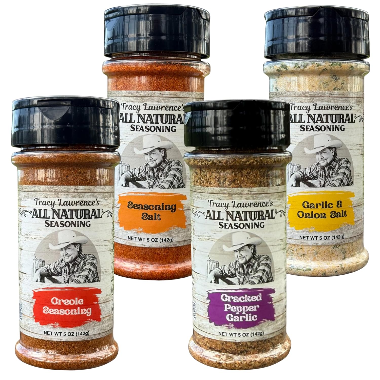 Tracy Lawrence's All Natural 4-Pack Seasoning Set with Cracked Pepper Garlic, Garlic Onion Salt, Seasoning Salt and Creole Blend