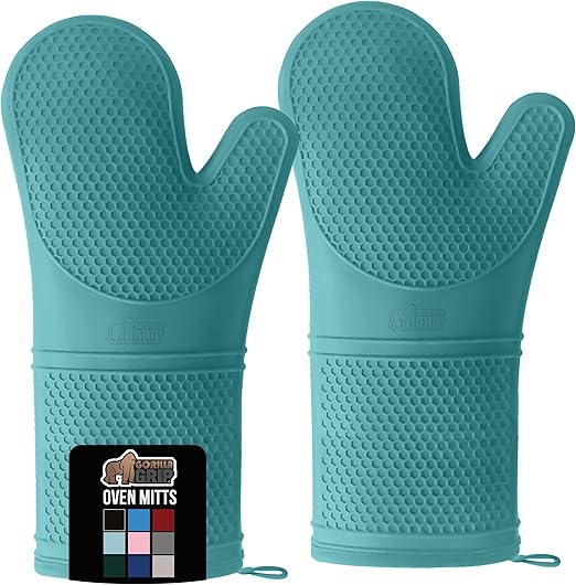 GORILLA GRIP Heat Resistant Durable Long Silicone Oven Mitts, 14.5x8.3, BPA-Free Protective Grilling Potholders, Soft Cotton Lining, Flexible Waterproof Cooking Mitt Set, Kitchen Essentials, Turquoise