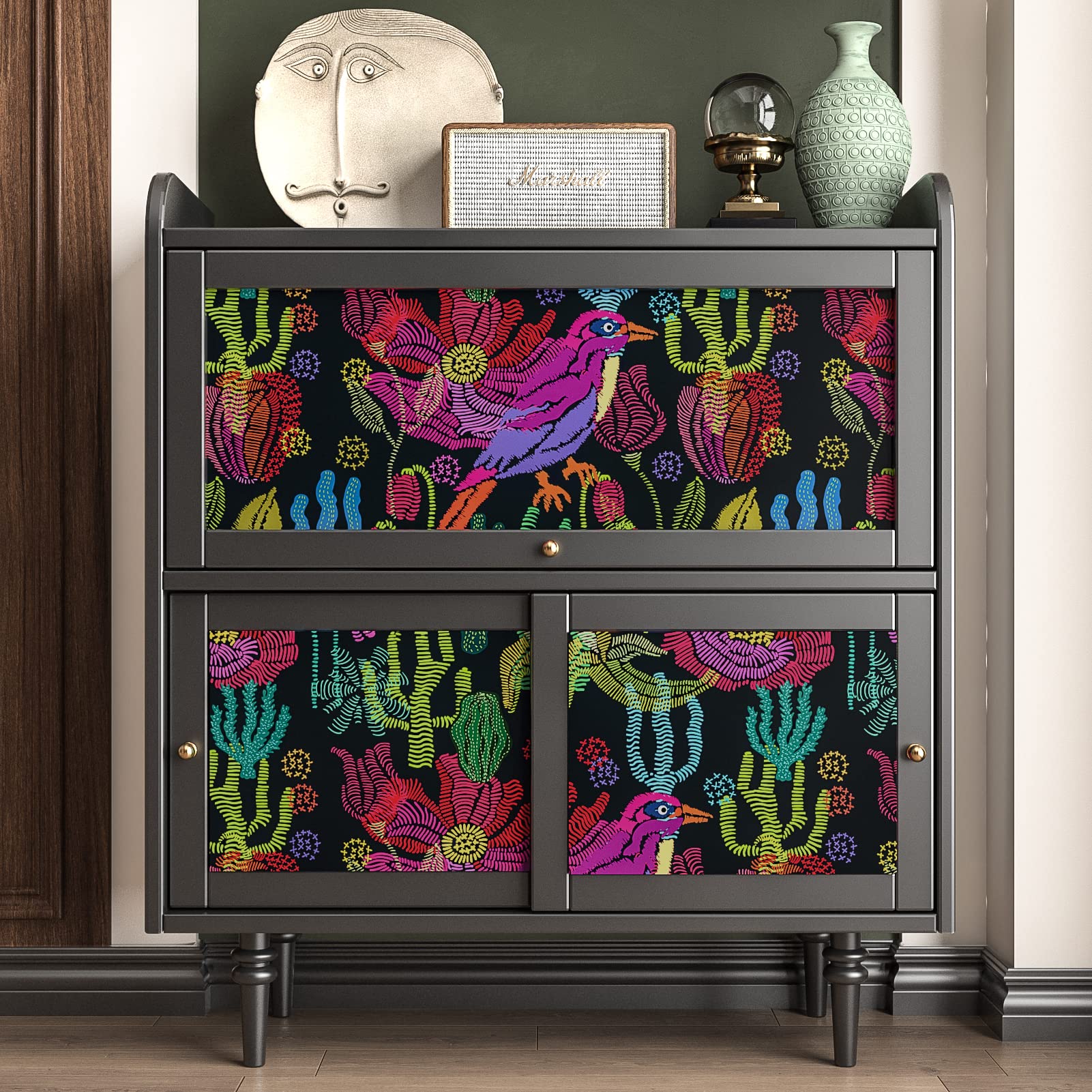 Dark Floral Bird Peel & Stick Wallpaper - Vintage Removable Contact Paper For Walls, Cabinets & Furniture