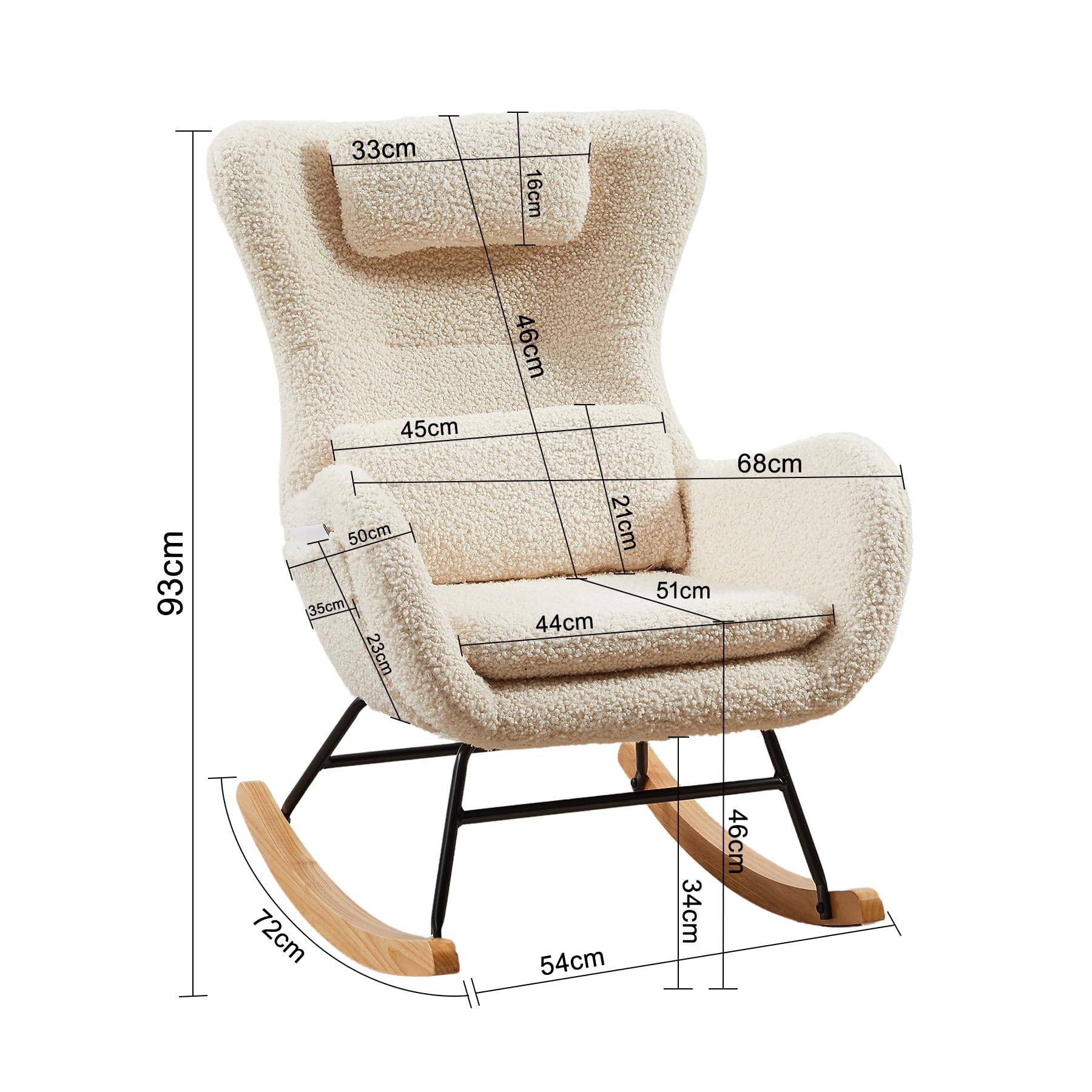 Fauteuil à Bascule Allaitement Scandinave Chaise Loisir et Repos en Tissu avec Pieds en Bois Métal pour Salon, Chambre, Nurserie Beige