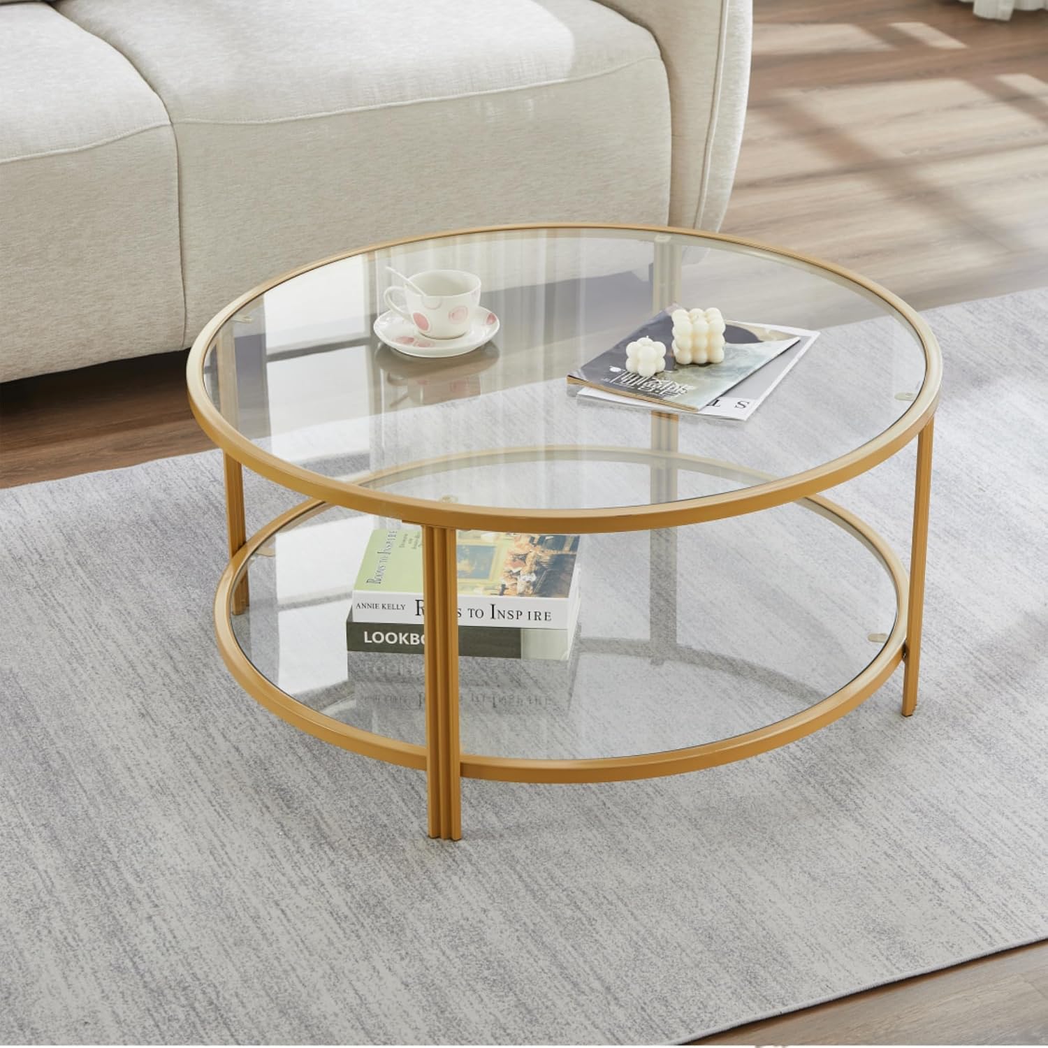 36" Round Glass Coffee Table,Gold Circle Coffee Table with Storage