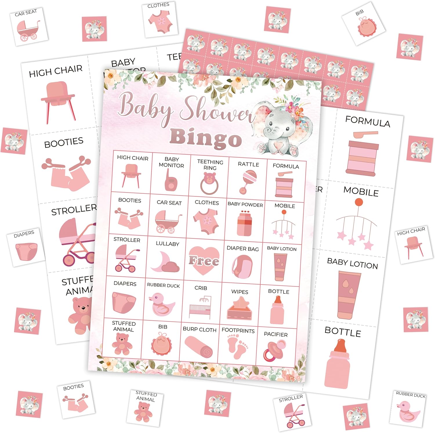 Baby Shower Bingo Card, Pink Elephant Bingo Game for Adults Large Group Family, Blush Pink Floral Elephant Game Kit for Gender Reveal Party, Holiday Games for 24 Players -12