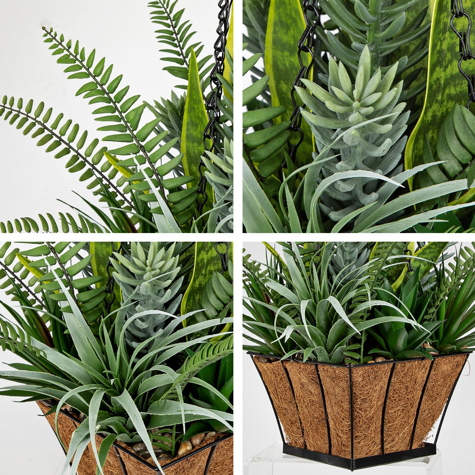 Plantas colgantes artificiales en cesta de 55 cm, plantas de serpiente sintética, mezcla de suculentas con forro de fibra de coco, maceta de metal, planta colgante falsa para interiores y