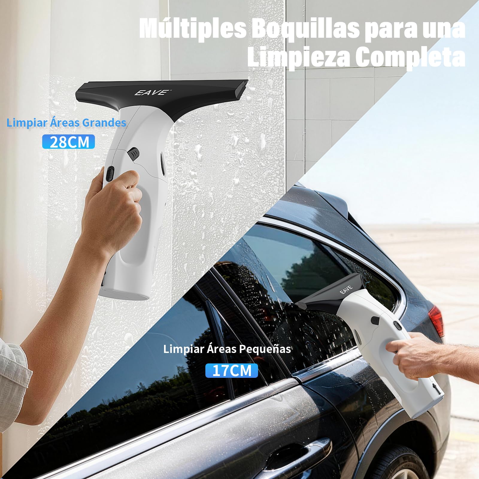 Eave Limpia Cristales, Limpiacristales Electrico con Escobillas de 17cm & 28cm, 2000 pa Limpiar Cristales con 45min de Autonomía & Tanque de Agua de 270ml, Apto para Ventanas, Baños, Mejorada (WC07)