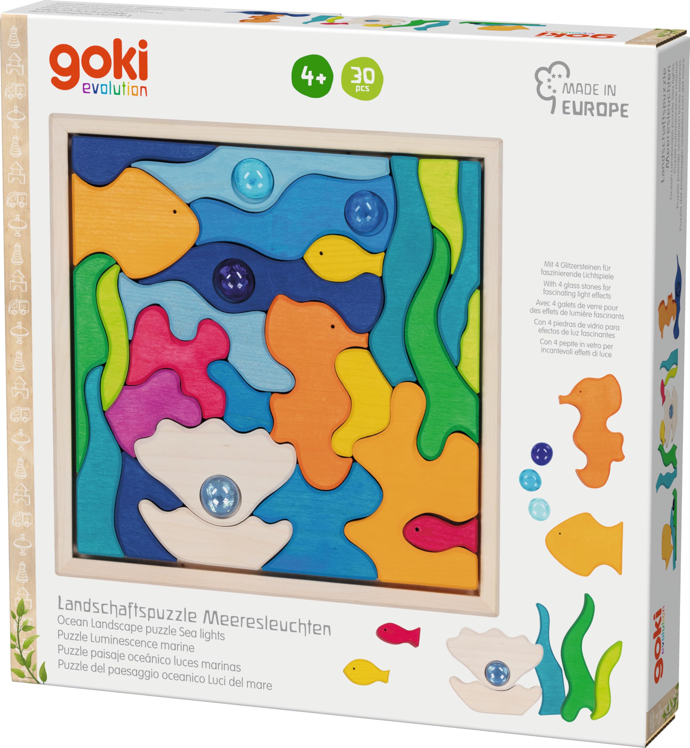 goki Evolution 58341 - Puzzle de Paisaje con Luces Marinas de Madera y Cristal para niños, fomenta la Creatividad y la imaginación, Juguete Educativo sostenible, Fabricado en Europa, Juego de 30