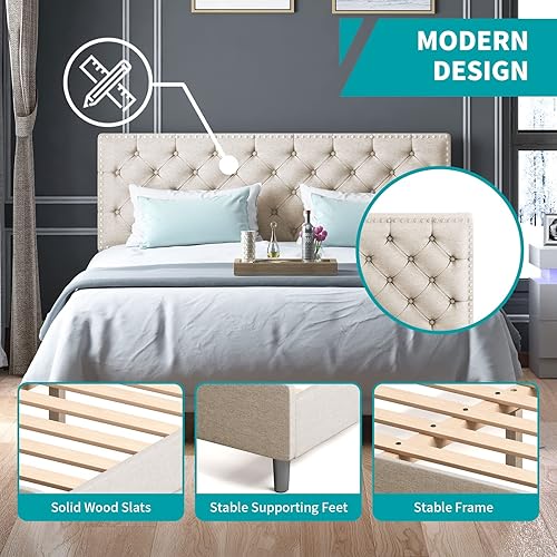 Miniatura 4 de BALUS Base de cama matrimonial con cabecera de altura ajustable, plataforma tapizada de metal, base de cama matrimonial con listones de madera de