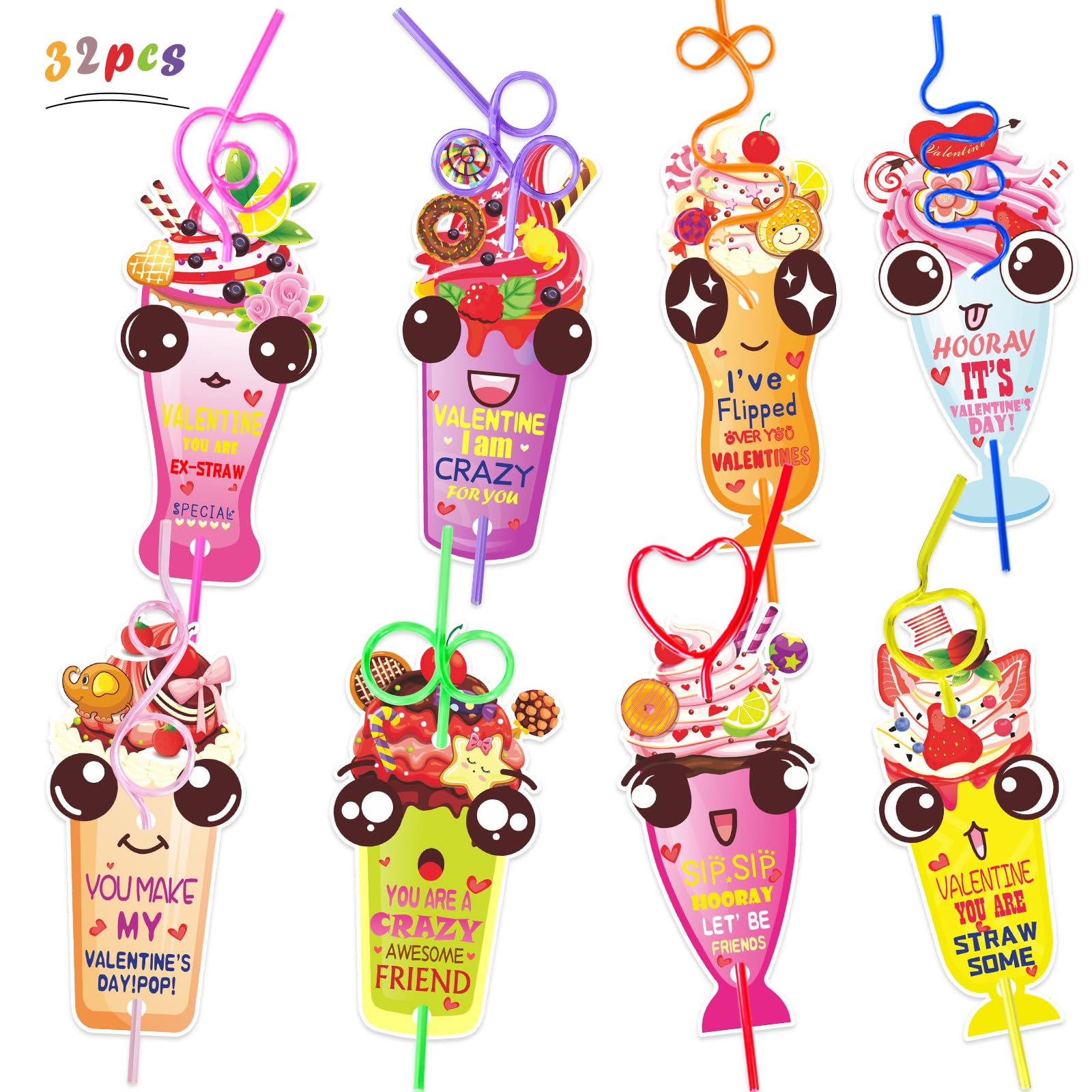 GYQMBT Valentines Day Gifts for Kids,32 Packs Crazy Straws Valentines Day Gifts Cards for Kids ,Reusable Valentines Day Straws Kit for Boys Girls Valentine Exchange Cards for Kids (Style 1)