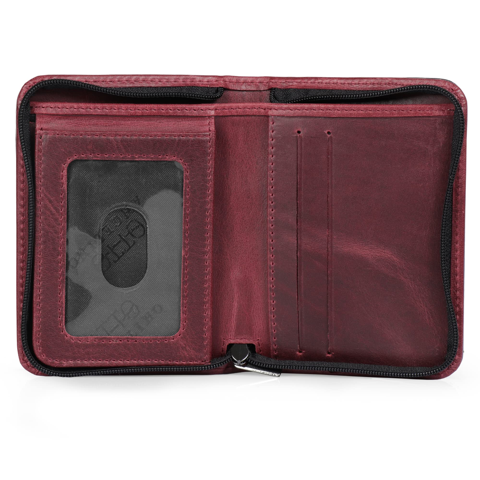 Otto Angelino RFID Blocking Men’s Zippered Bifold Wallet - Italian Cowhide Leather - Slim Travel Comfort - Credit Card Holder w/Transparent ID Slot - Snap Back Coin Holder