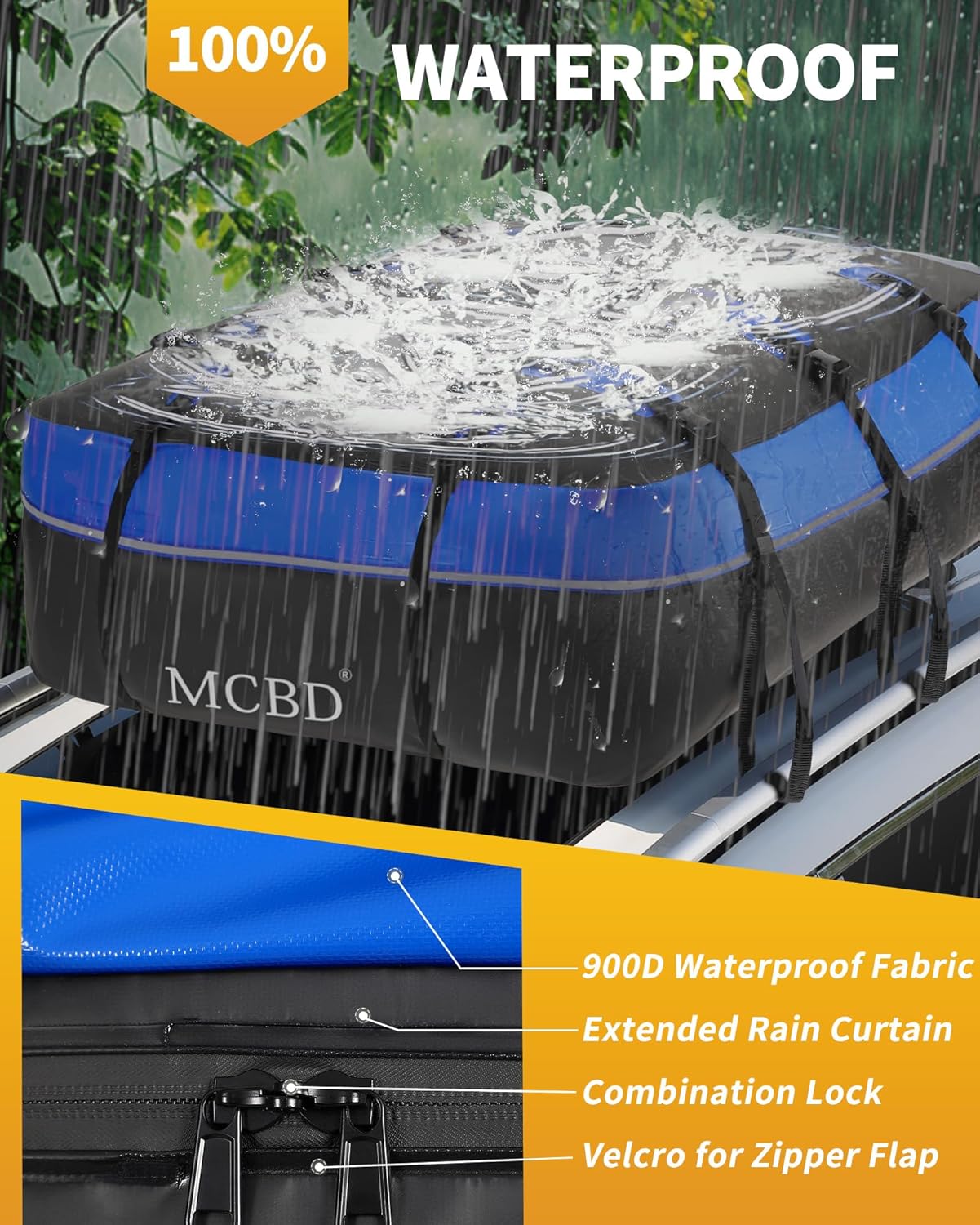 MCBD Rooftop Cargo Carrier Bag, 15 Cubic Feet Waterproof Soft-Shell Car Roof Bag for All Vehicles SUV with/Without Rack, Car Top Luggage Storage Bag
