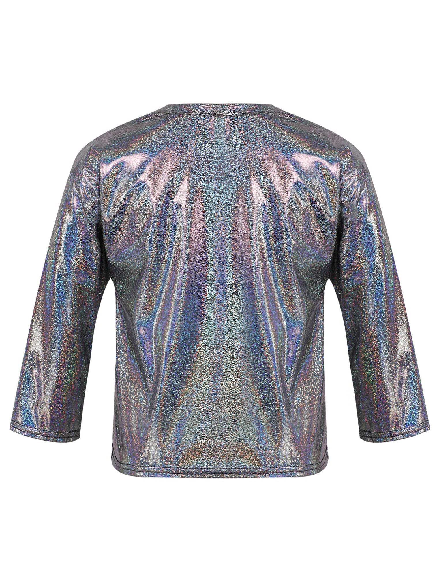 easyforever Kids Girls Boys Shiny Metallic Short Sleeve Shirt T-Shirt Sparkly Jazz Hip Hop Dance Top Performance Blouse &Black(Long) 7-8 Years