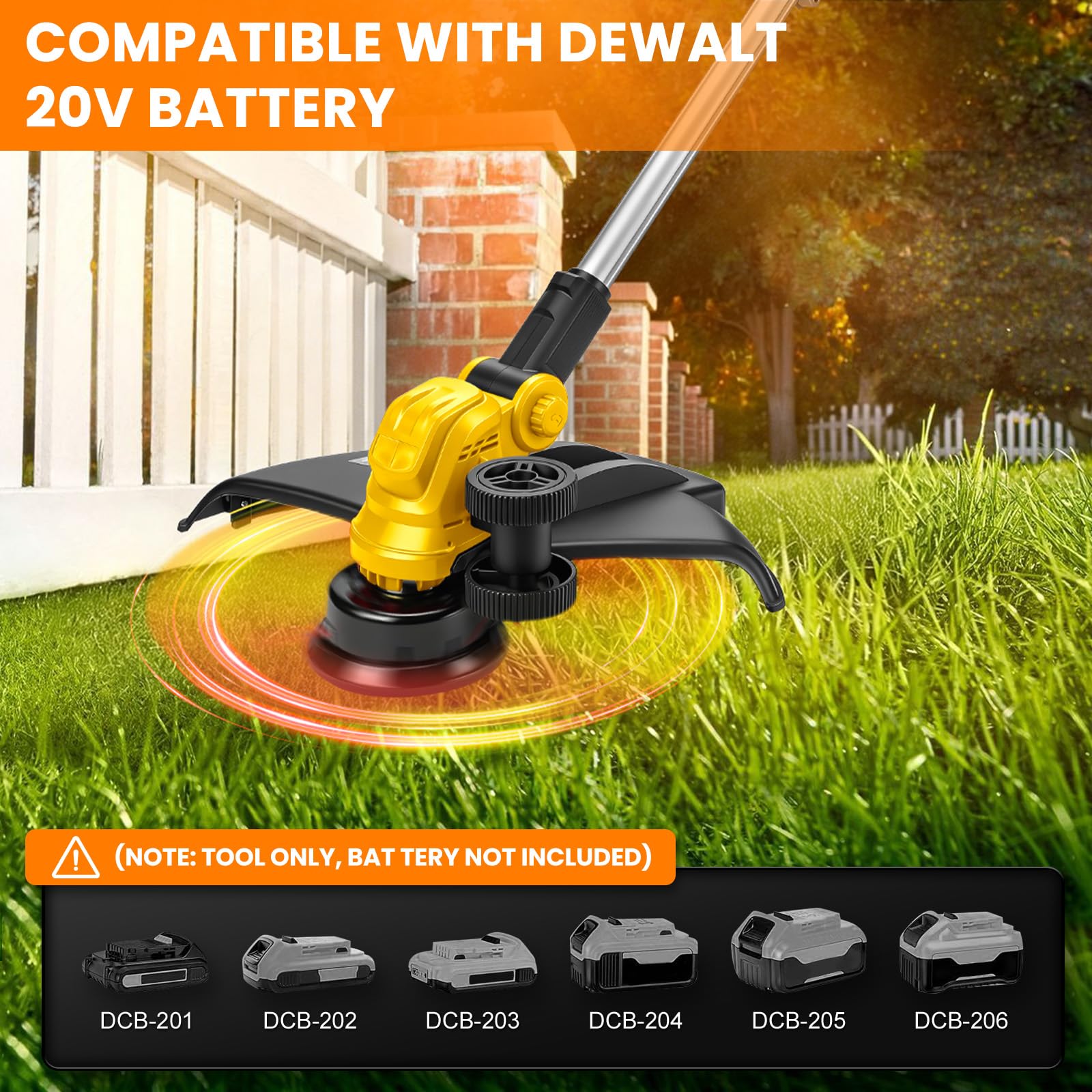 Akumulatorowa podkaszarka kompatybilna z akumulatorem Dewalt 20 V MAX, 5-w-1 elektryczna podkaszarka bez szczotek, składana pod kątem 180°, kąt przycinania 90° do przycinania trawników, ogrodu i
